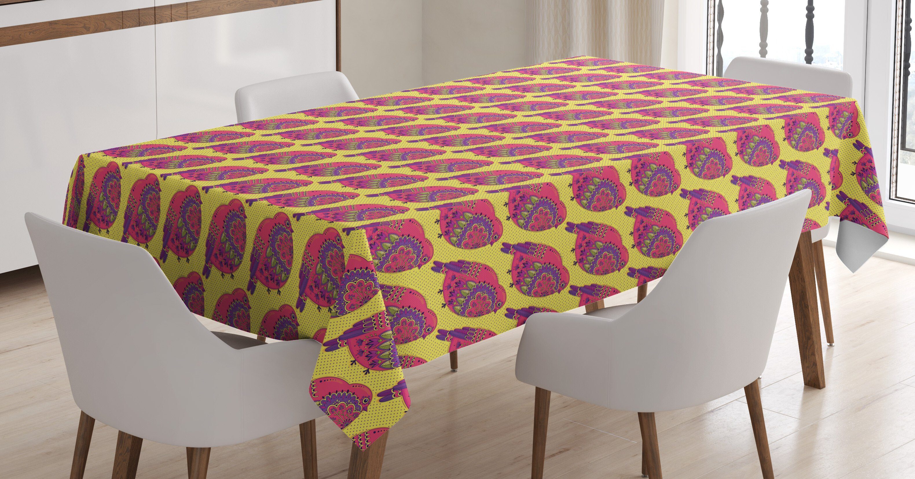 Abakuhaus Tischdecke Ethnisch geeignet Klare Außen Farben, Farbfest Blumenverzierung Vögel Für Bereich und Waschbar den