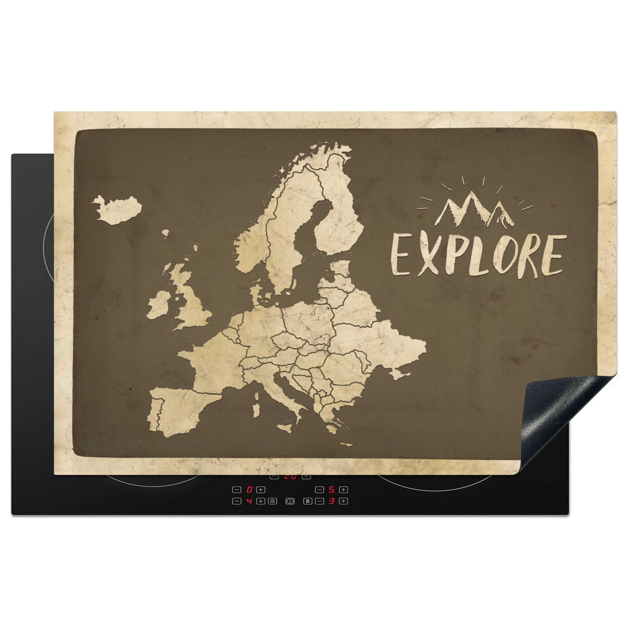 MuchoWow Herdblende-/Abdeckplatte Karte Europa - Vintage - Zitat, Vinyl, (1 tlg), 81x52 cm, Induktionskochfeld Schutz für die küche, Ceranfeldabdeckung