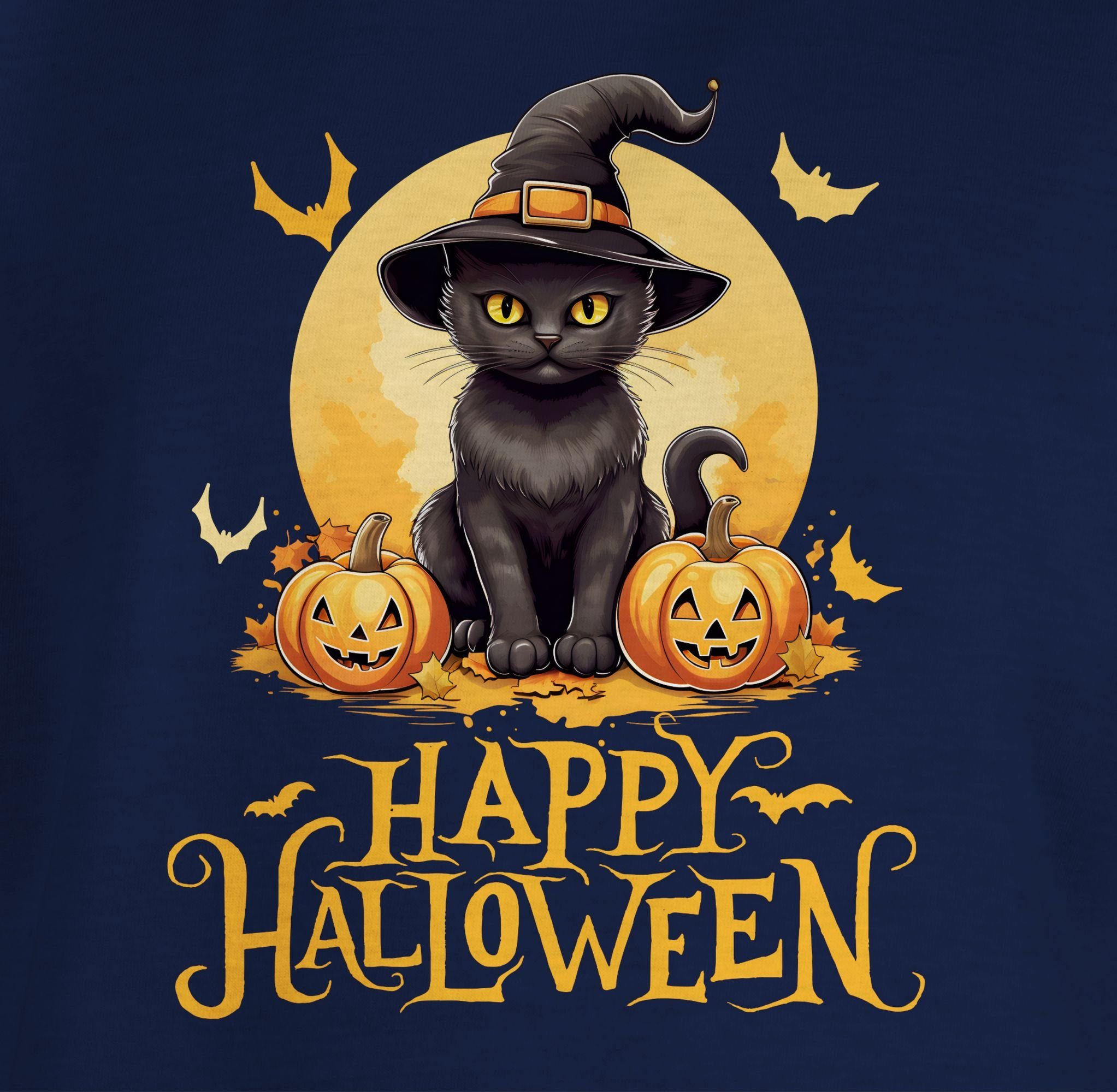 Shirtracer T-Shirt Happy Halloween Katze Lustig Kostüme Dunkelblau Halloween für 03 Katzenliebhaber Hexenhut Kinder Cat