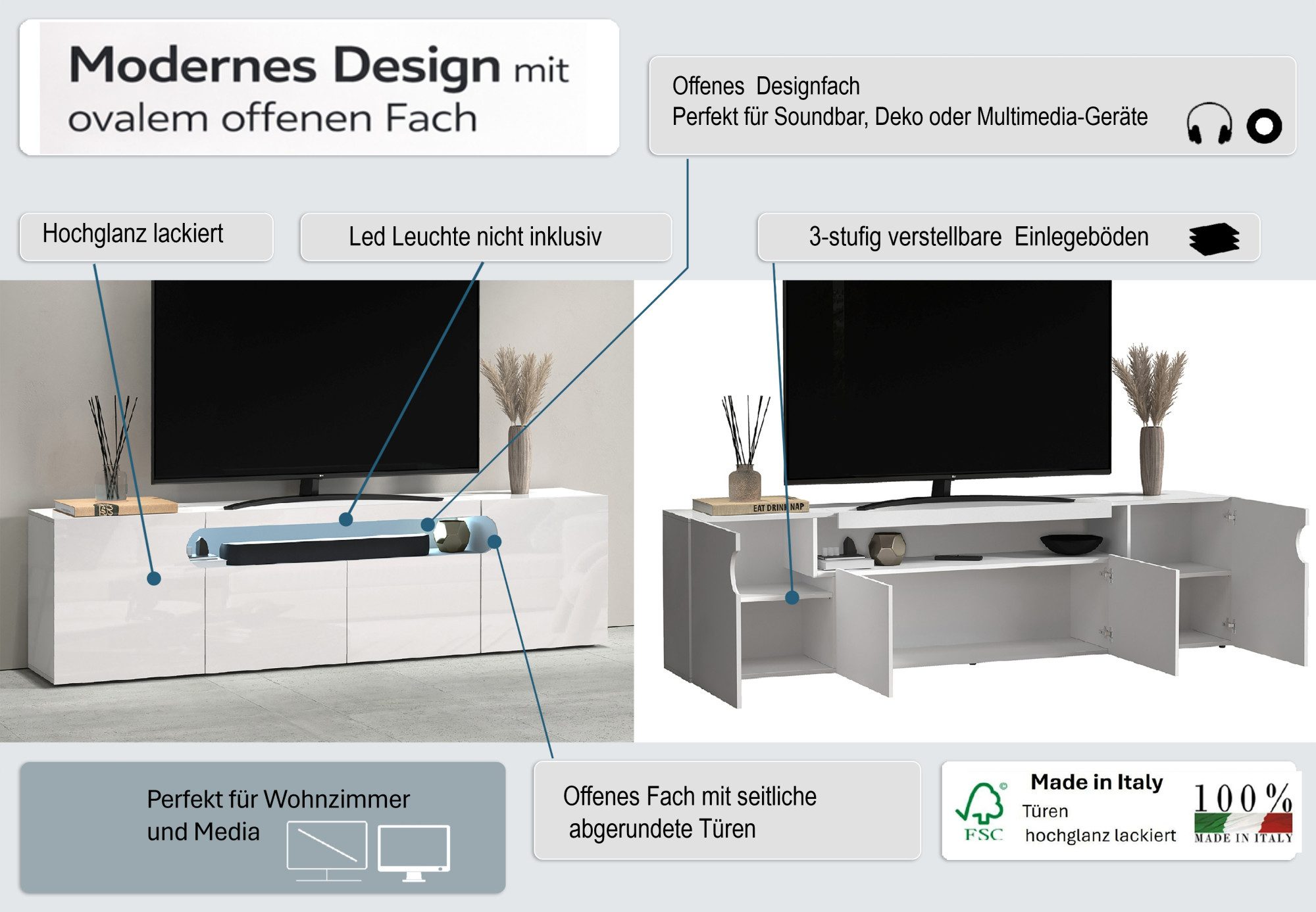 OTTO home Lowboard REAL,Lowboard,TV-Kommode,TV-Möbel,TV-Bank (1 St), Mit 4 Türen, davon 2 abgerundet, die ein ovales offenes Fach bilden