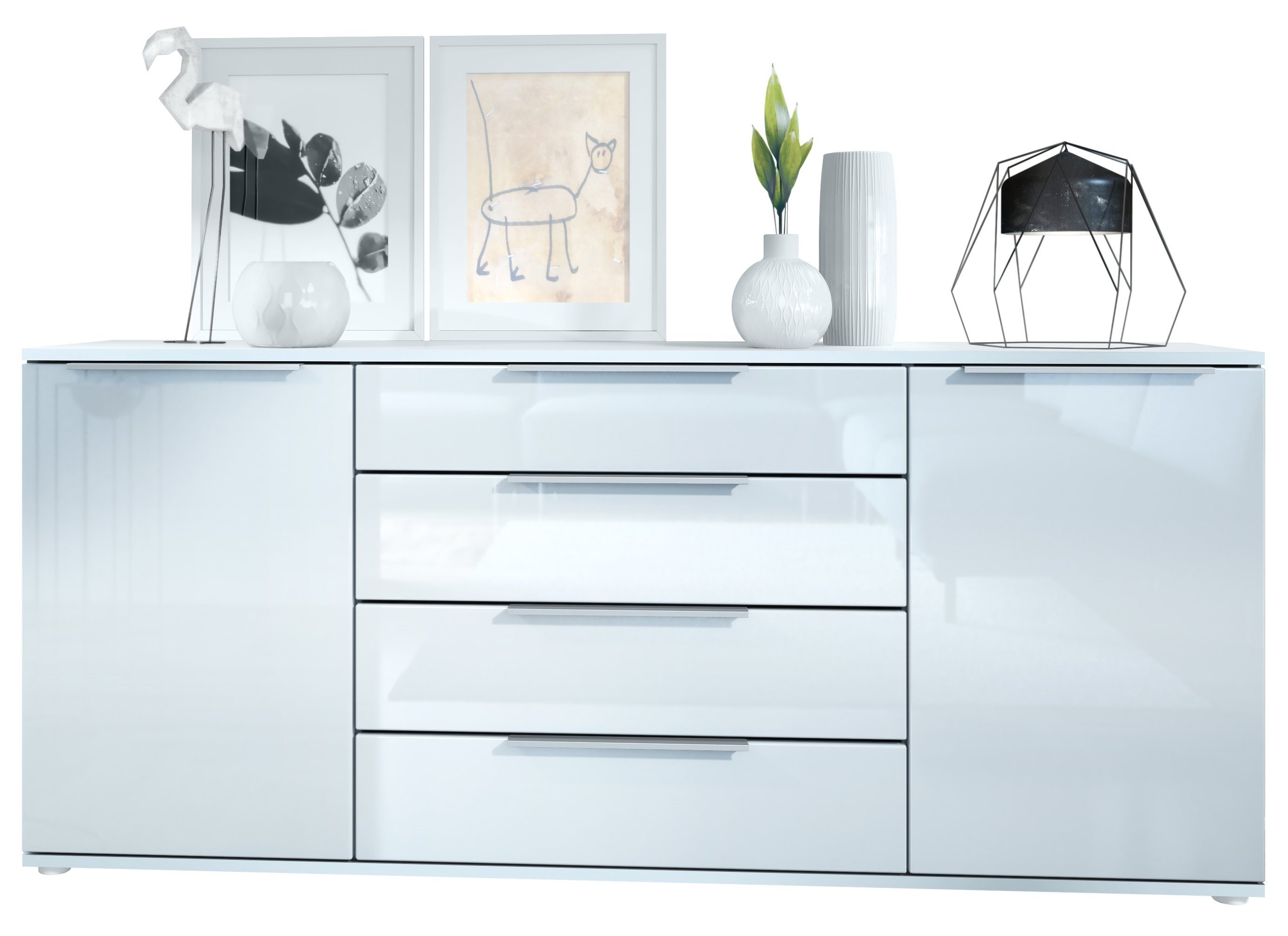 Vladon Sideboard Linio (Anrichte, mit 2 Türen und 4 Schubladen), Weiß matt/Weiß Hochglanz (166,5 x 72,5 x 35 cm)