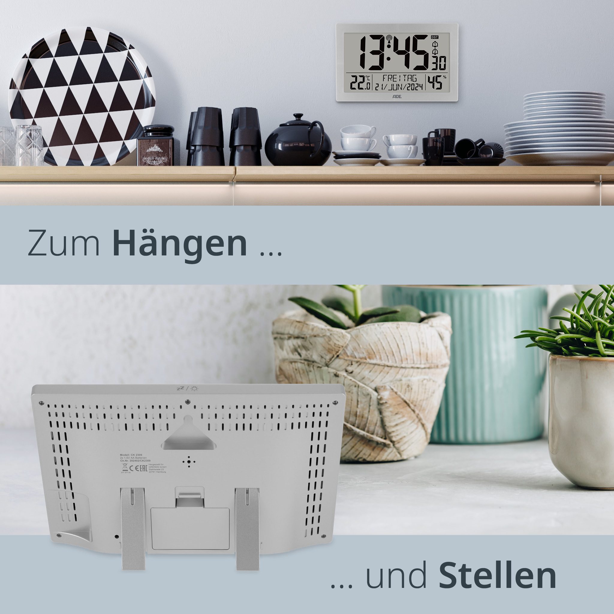 ADE Funktischuhr Digitale extragroße Wand- oder Tischuhr mit Beleuchtung mit Temperaturanzeige und Luftfeuchtigkeit, ideal für Senioren