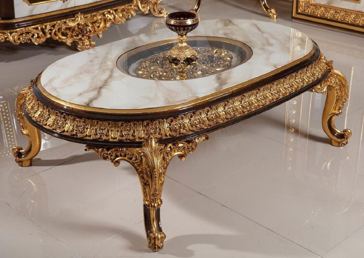 Casa Padrino Couchtisch Luxus Barock Couchtisch mit Glasplatte Weiß / Dunkelbraun / Gold - Prunkvoller Massivholz Wohnzimmertisch im Barockstil - Barock Möbel - Edel & Prunkvoll