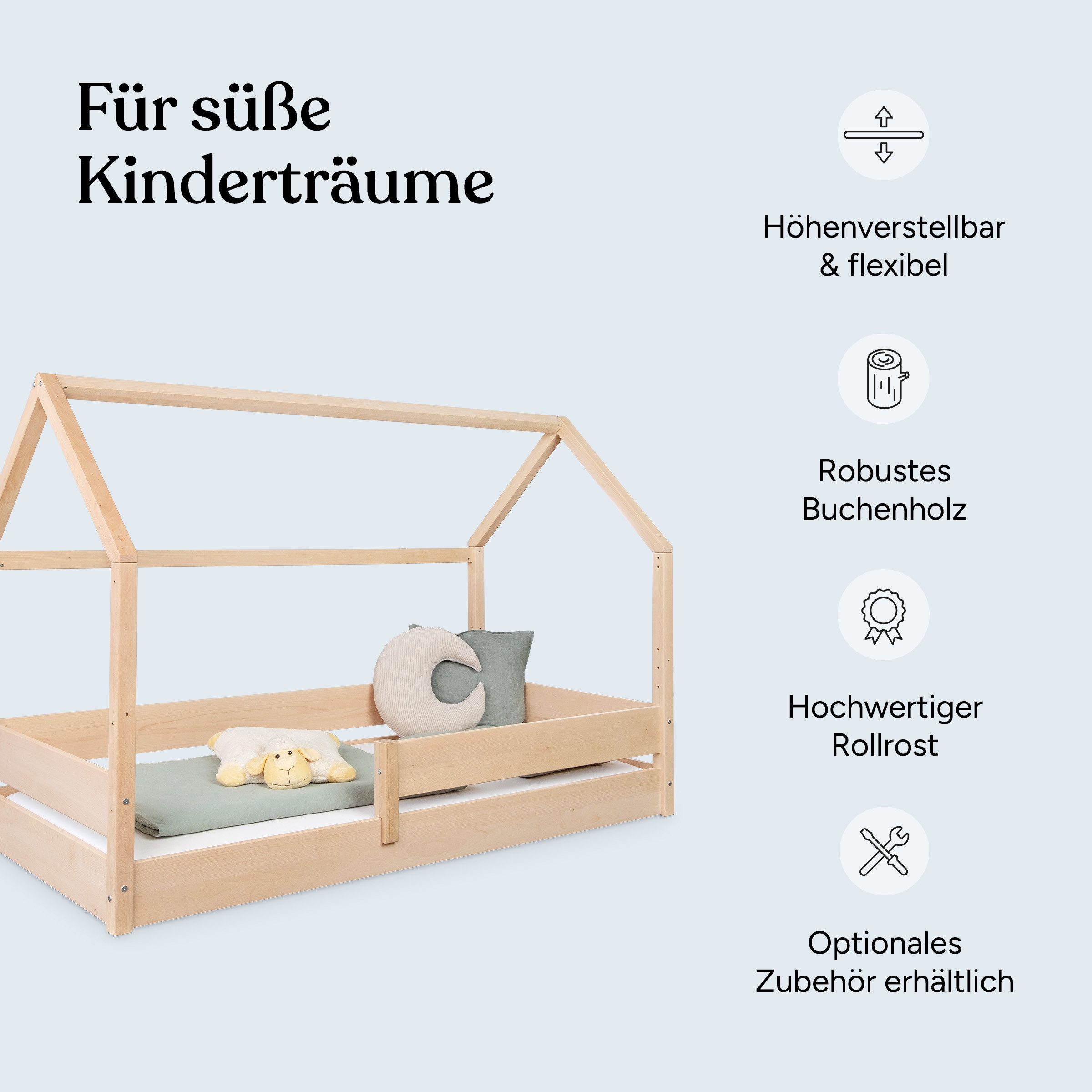 Ehrenkind Bett Hausbett Nova aus massivem Buchenholz mit Rausfallschutz, Massives Buchenholz