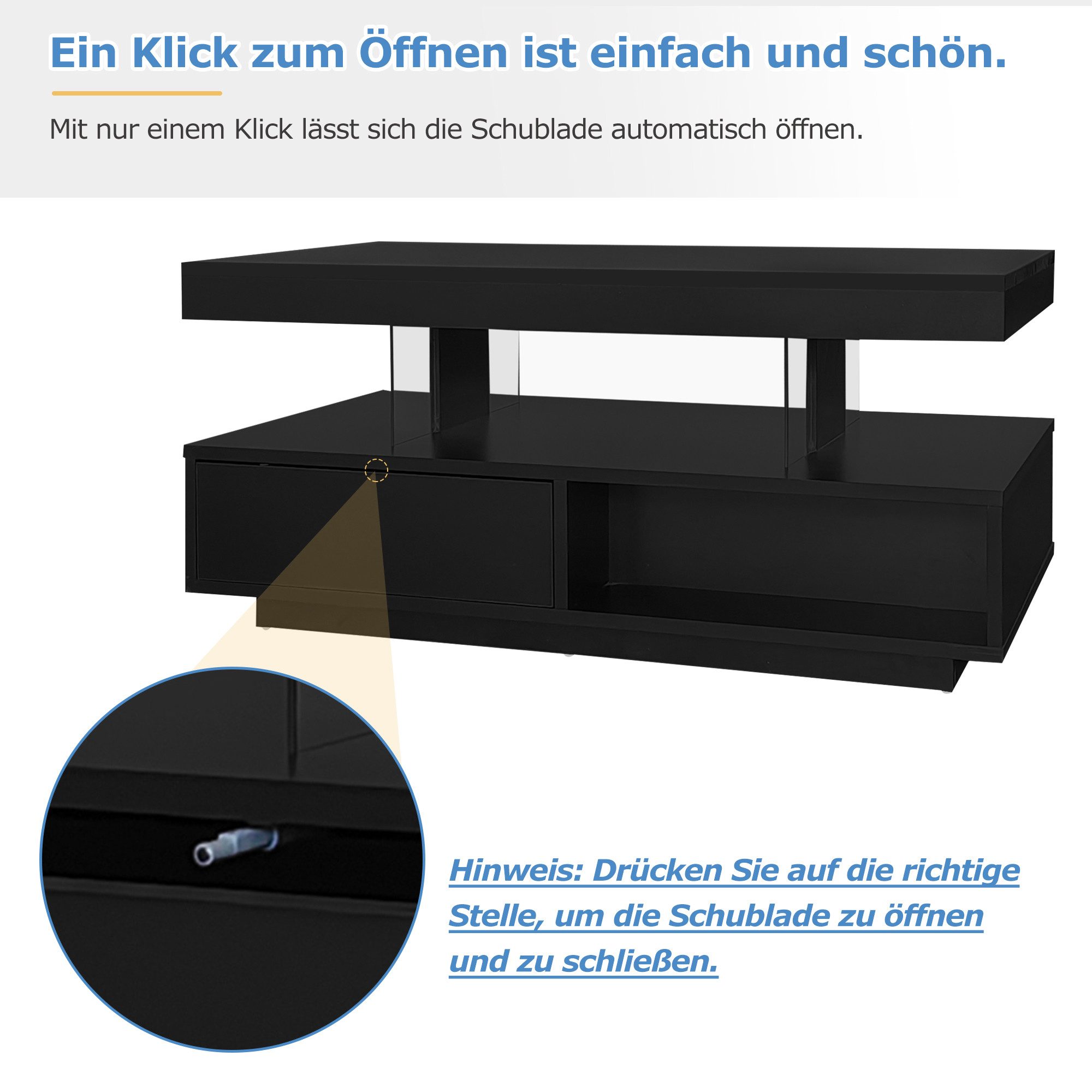 Merax Couchtisch mit 2 Schubladen und Stauraum, Beistelltisch Hochglanz mit LED inkl. APP, Wohnzimmertisch – Bild 4 von 5