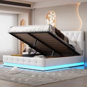 REDOM Polsterbett Hydraulisch anhebbarer Bettstauraum,Bettkasten (140X200 CM Lattenrost Bezug aus Kunstleder), Modernes Bett mit LED, Einfach zu montierender Bettrahmen