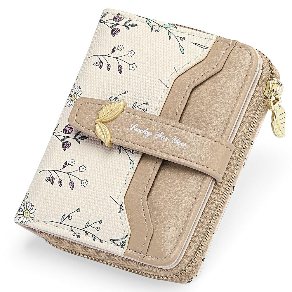 Zaewry Geldbörse Kleine Damen Geldbörse,modisch, niedlicher Margeriten-Aufdruck, Leder, Bifold, kompakt, RFID-geschützt, mit Reißverschlusstasche