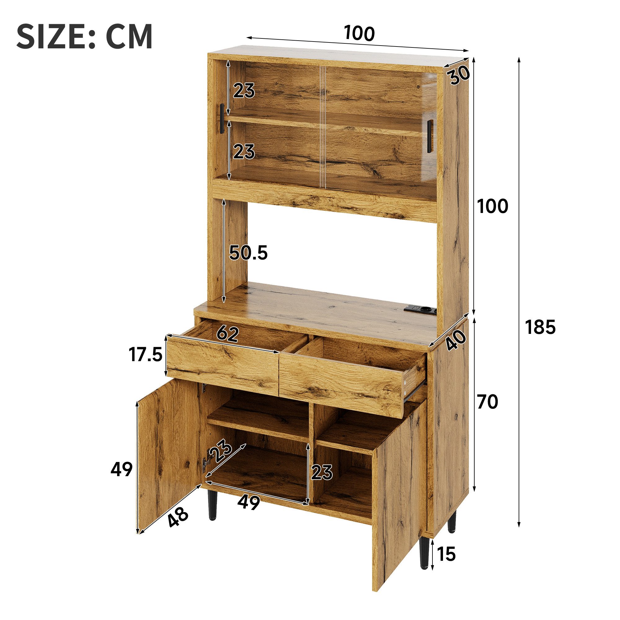 Ulife Hochschrank mit mehrstufigem Stauraum, inkl. integrierter Steckdose, 100×40×185 cm (1-St) Buffetschrank mit USB-C, USB-A, Lichtstreifen & Eiche-Optik