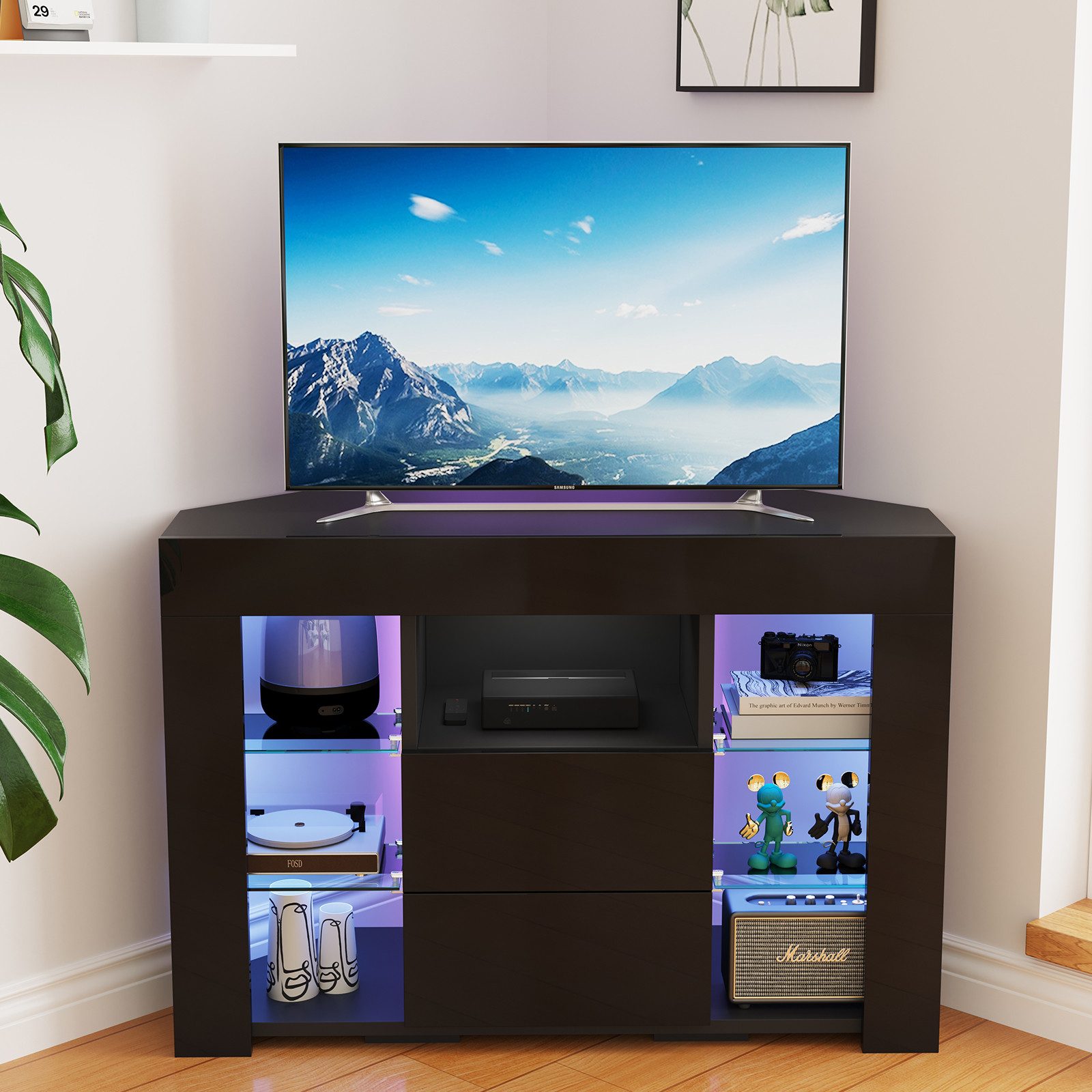 Dripex TV-Schrank TV Eckschrank Lowboard LED Weiß Hochglanz Eckkommode mit Beleuchtung
