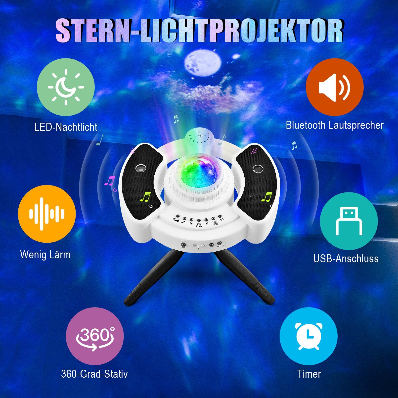 LED Sternenhimmel Projektor Lamp Geschenke für Kinder Baby Erwachsene Party Raum Spielzimmer Musiklautsprecher 3D Disco Galaxie Nachtlicht mit Fernbedienung/Bluetooth/Timer,360 ° Drehung Nebelwolke 