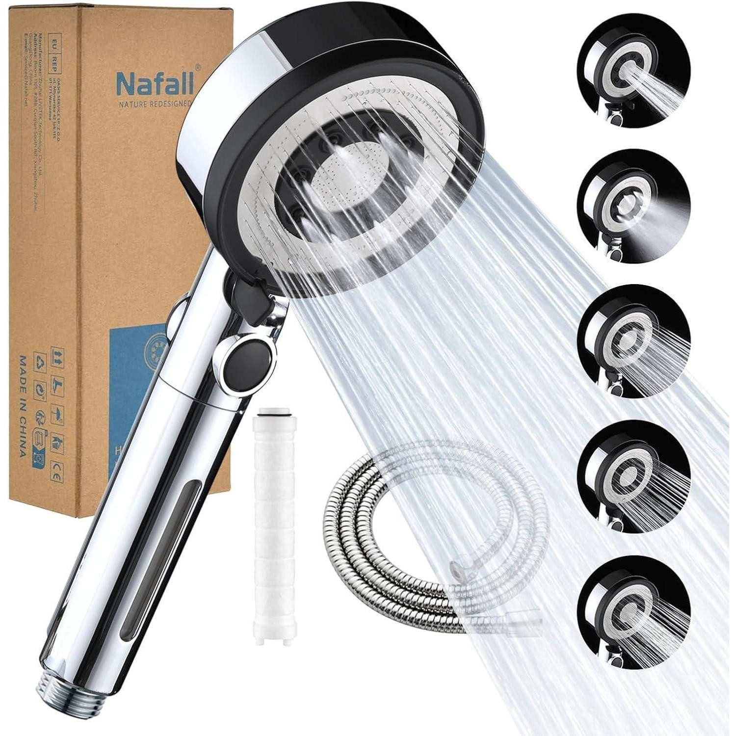 LuxusKollektion Handbrause Duschkopf Filter 5 Strahlarten Handbrause Chrom 1.5m Schlauch