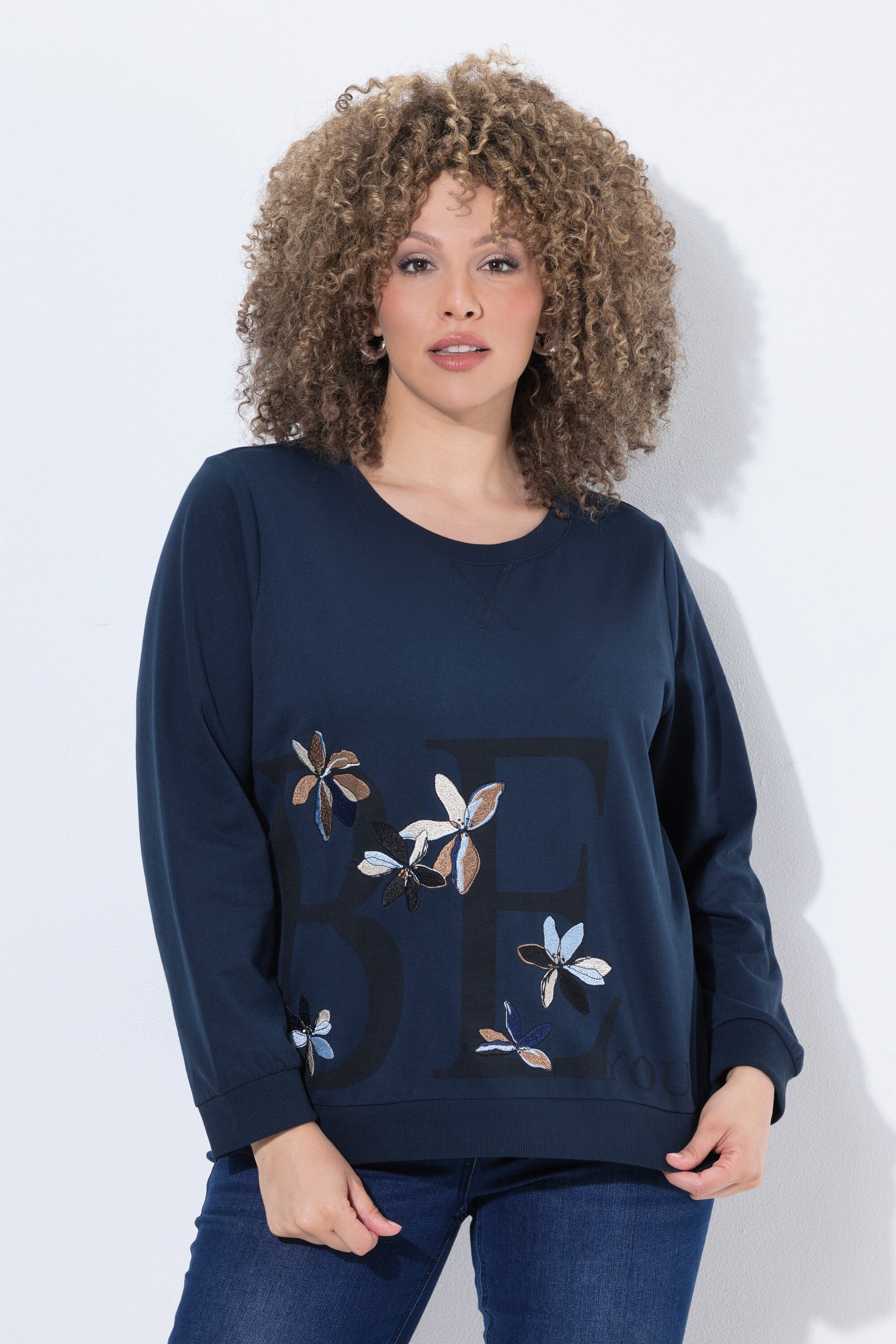 Ulla Popken Sweatshirt Sweatshirt Blumen-Stickerei Rundhals