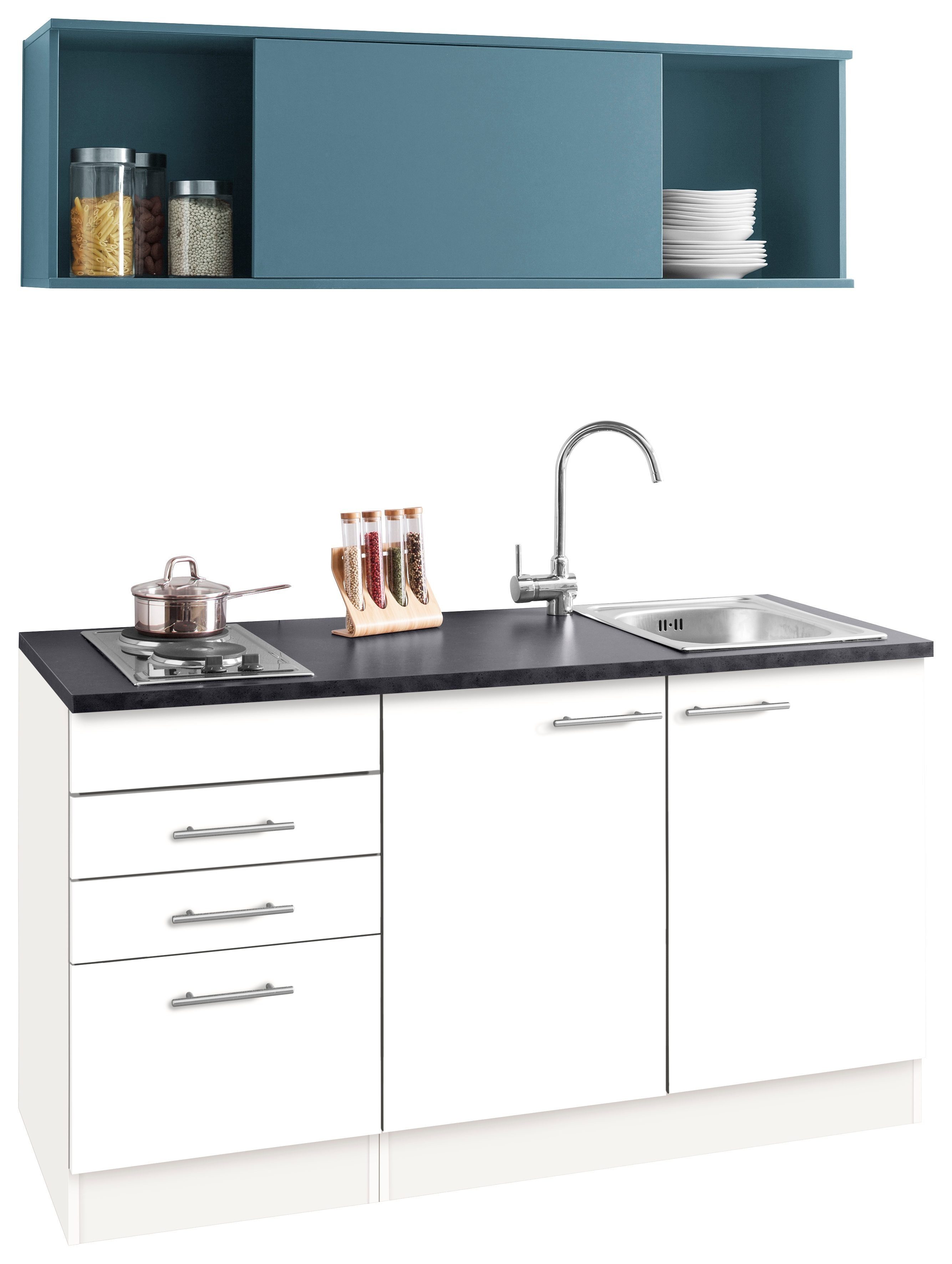Küchenzeile 150 mit Breite OPTIFIT E-Geräten, | cm Mini, weiß weiß/blau/anthrazit