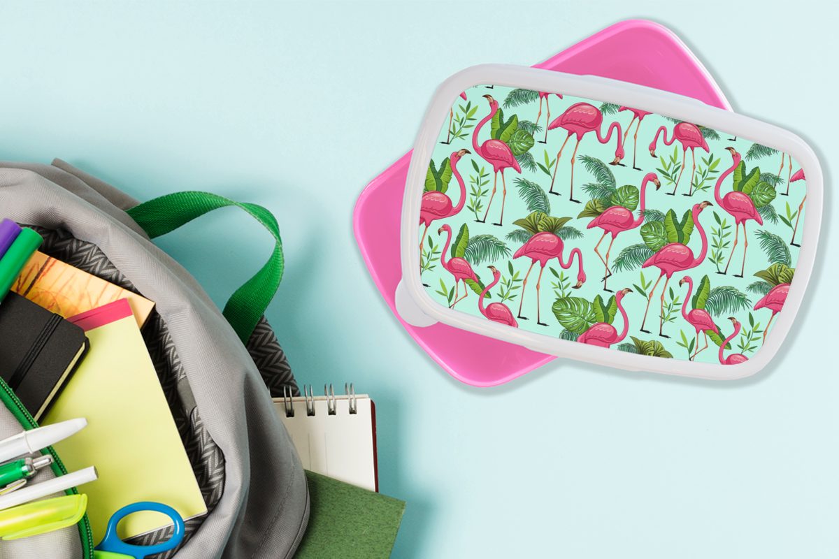 MuchoWow Kunststoff, Mädchen, Kunststoff Muster, für Brotdose Lunchbox Kinder, - (2-tlg), Snackbox, Dschungel Flamingo Tiere - - rosa Erwachsene, Brotbox