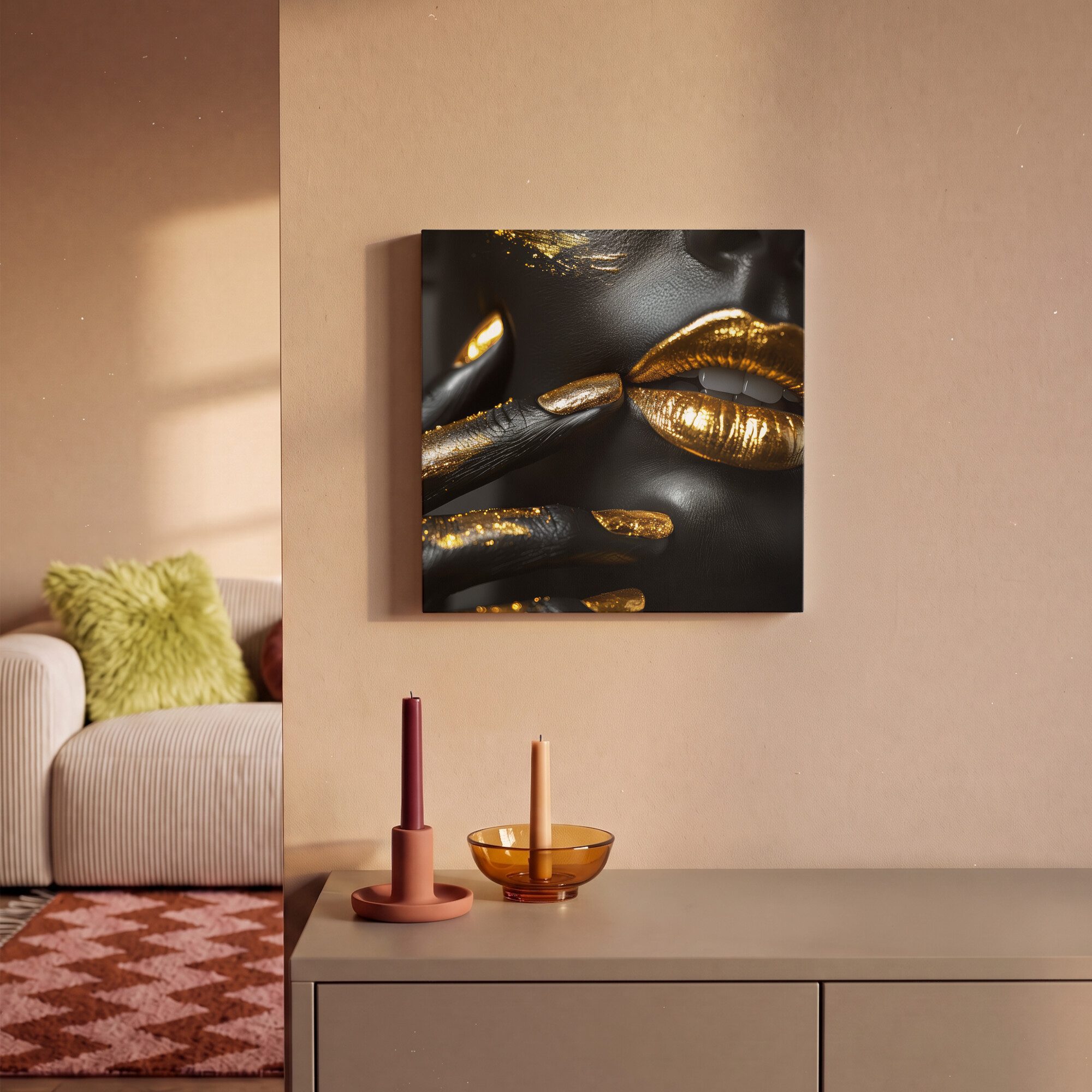 OneMillionCanvasses® Leinwandbild Lippen - Gold - Abstrakt - Schwarz - Frau, Fotodruck (1 St), Leinwand Bilder Klein, Wand Dekoration Aesthetic 30x20 cm – Bild 2 von 5
