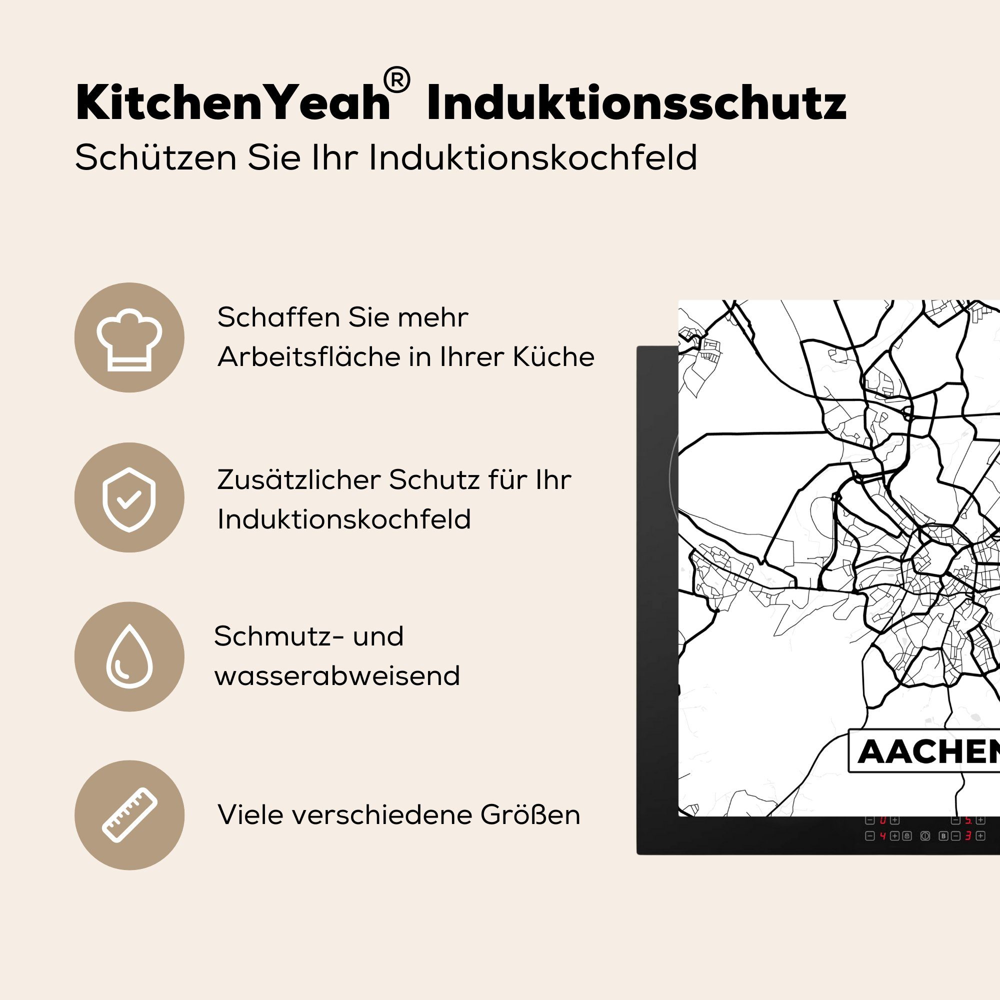 MuchoWow Herdblende-/Abdeckplatte Karte - Arbeitsplatte (1 Vinyl, Aachen tlg), Stadtplan, 78x78 Ceranfeldabdeckung, - cm, küche für