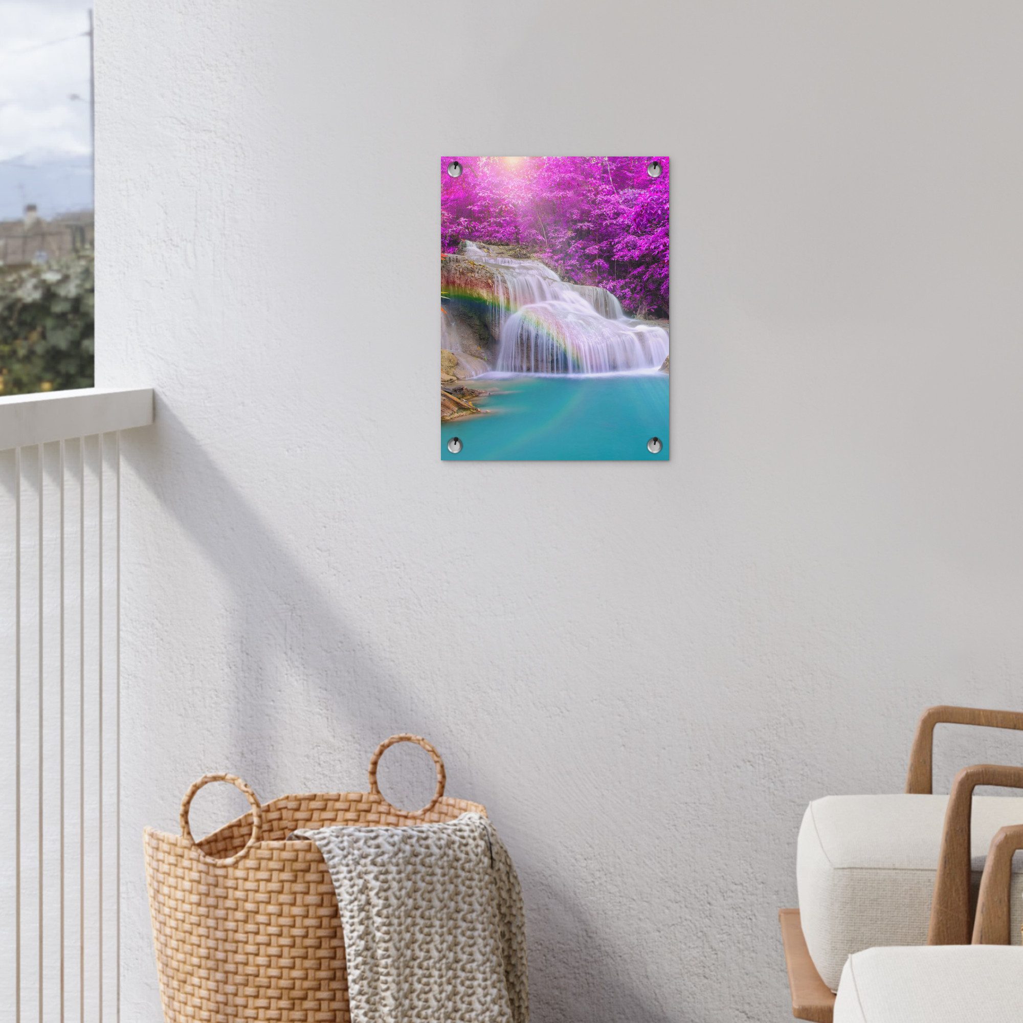 OnlyWow Poster für Garten Wasserfall - Bäume - Regenbogen - Lila, Gartenposter, Outdoor Bilder, Gartendeko für draußen, 30x40 cm