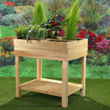 Feel2Home Hochbeet Hochbeet 4 Fächer Gartenbeet Holz Blumenständer Pflanzkasten Tisch, Mit Ablage