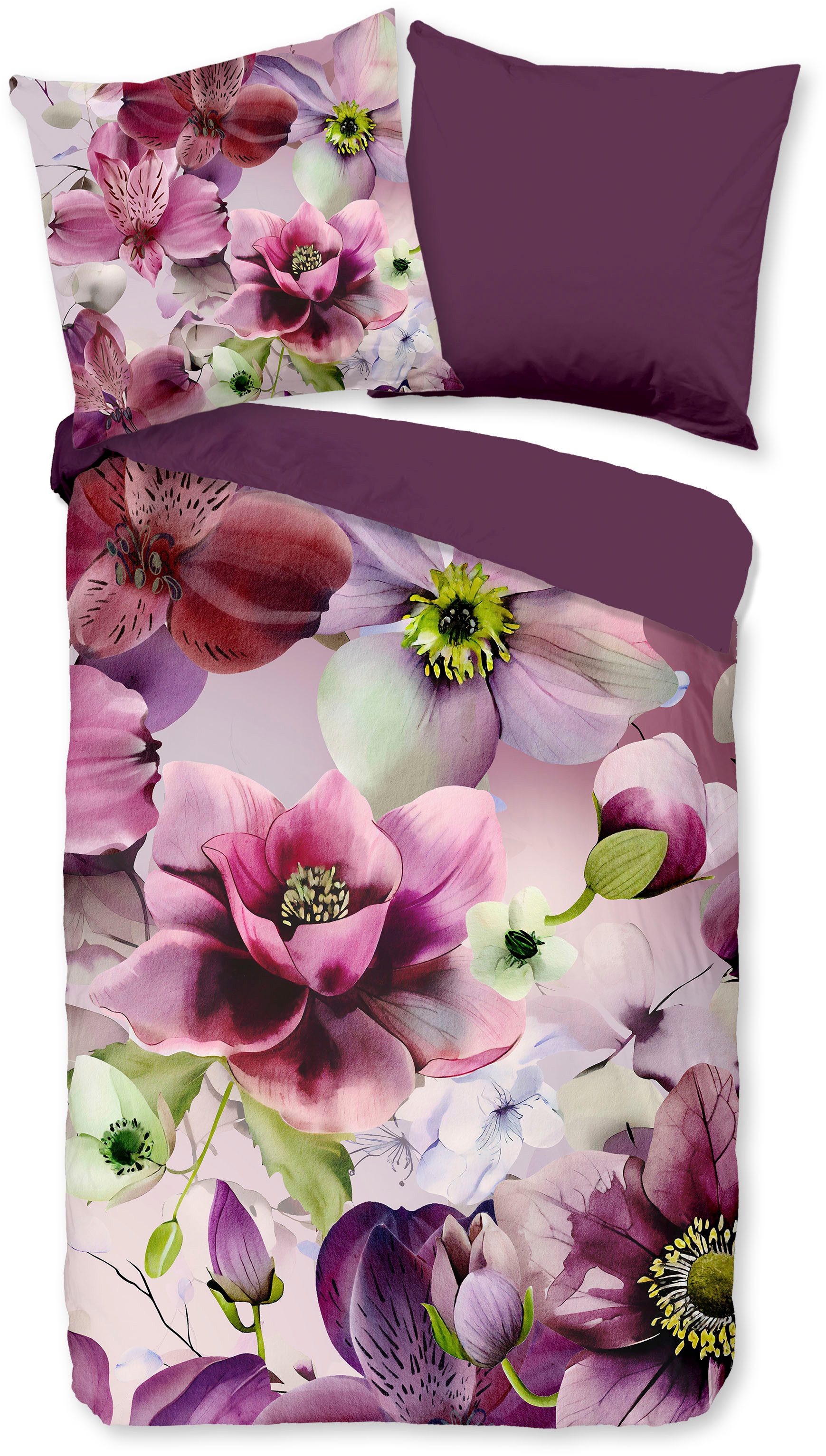 PURE luxury collection Wendebettwäsche Chimai, Microfaser, 2 teilig, Mikrofaser, Pflegeleicht, Reißverschluss, Wendeoptik, Blume, Bordeaux