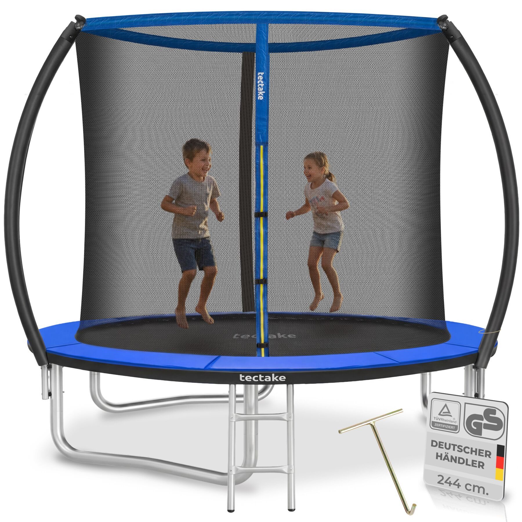 tectake Gartentrampolin Kindertrampolin mit Einstiegsleiter und Sicherheitsnetz Ø 244 cm, (Outdoortrampolin Jumpy, in schwarz/blau), GS zertifiziert, Randabdeckung, reißfestes Sprungtuch