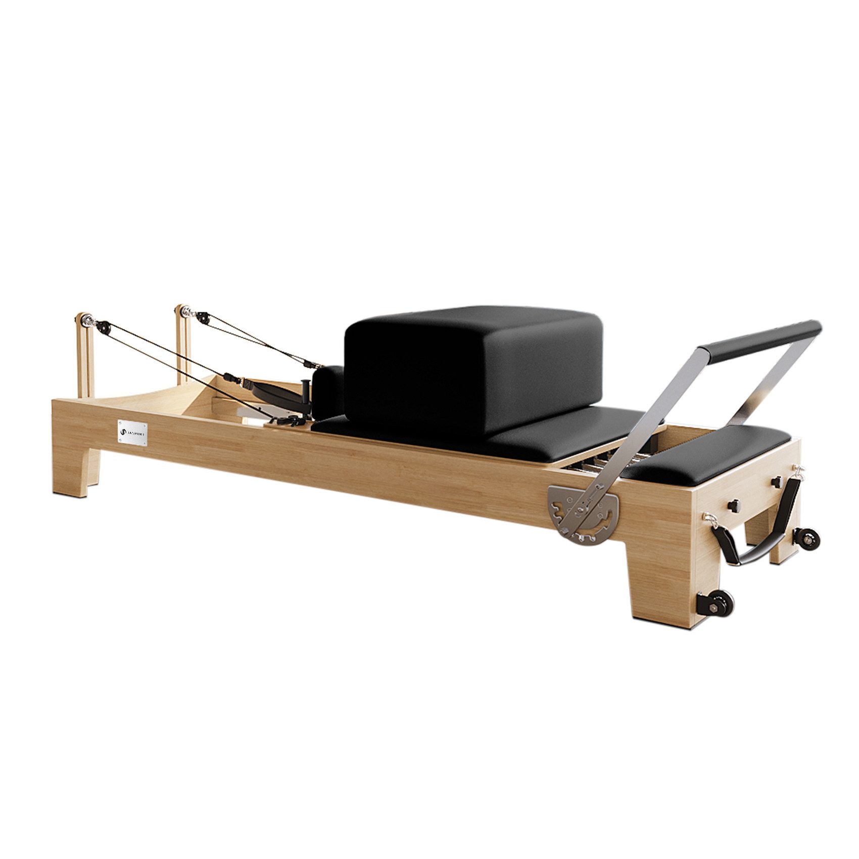 JASPORT Pilates-Reformer H60 aus Gummibaumholz, (Pilates Reformer, Sprungbrett, Reformer-Box, Fußschlaufen), Leiser Betrieb, individuell einstellbar