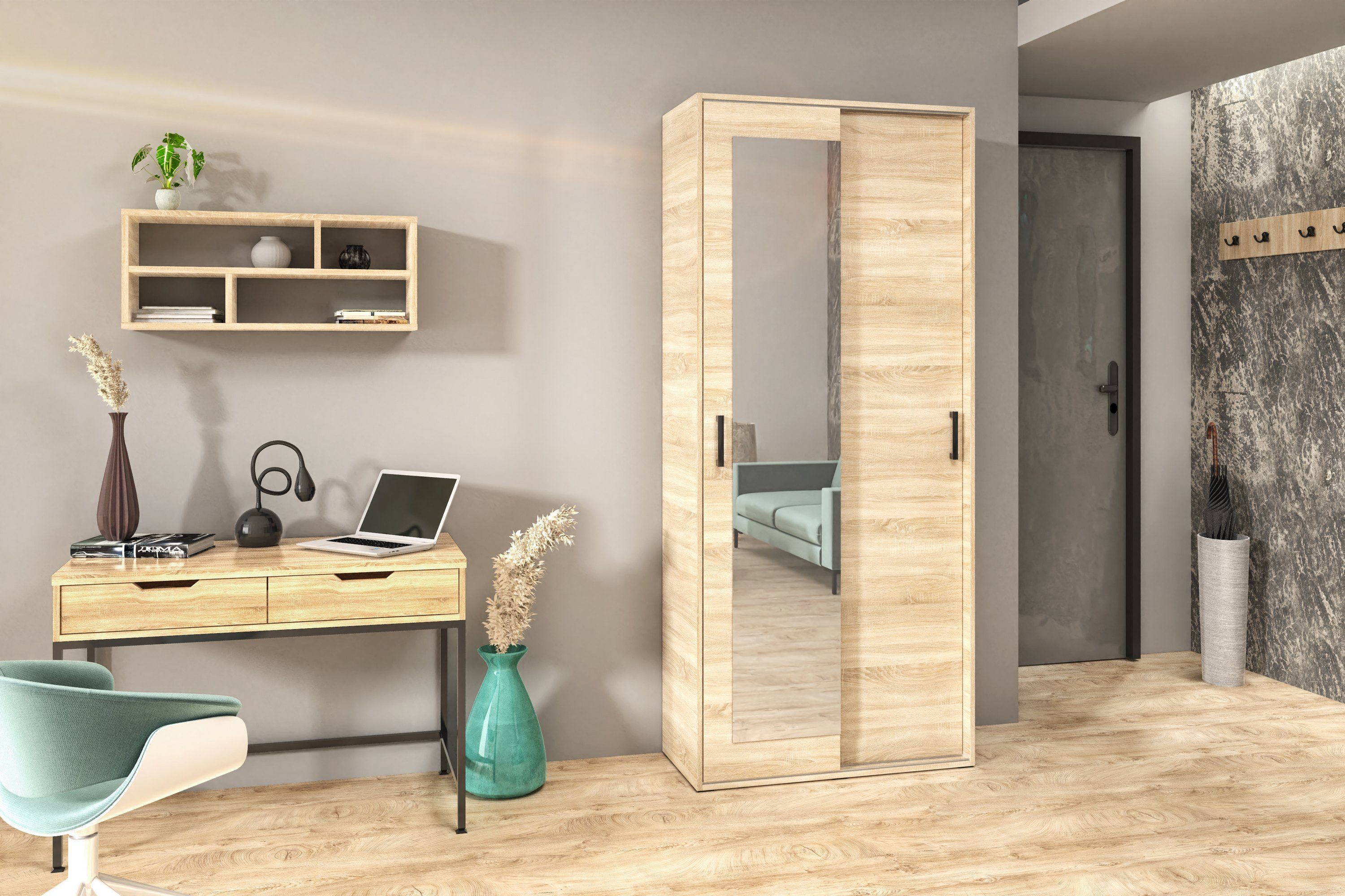 Masseno Garderobenschrank BENVENO 90 x 210 cm Flurmöbel mit Spiegel und 2 Türen Eiche Sonoma