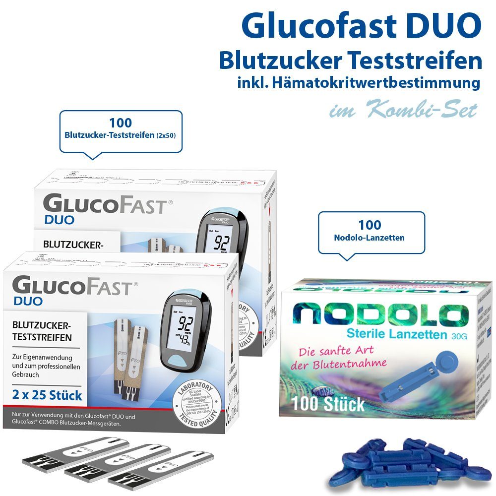 GLUCOFAST Blutzucker-Teststreifen DUO, 100 Diabetes Teststreifen und 100 Nodolo Lanzetten, 1-tlg., Für das Glucofast DUO