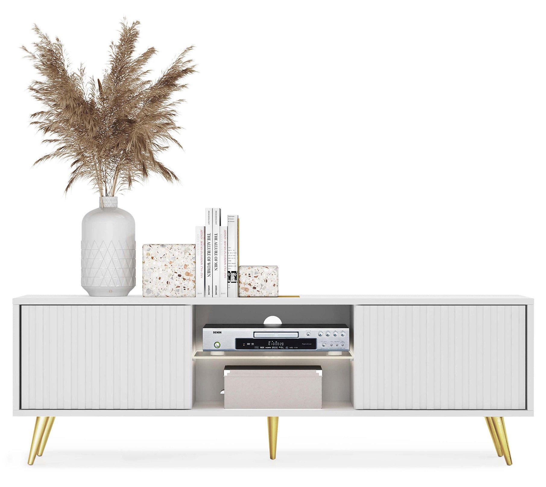 Selsey TV-Schrank BELLO mit goldenen Füßen, Lamellenfronten und LED, 135 cm