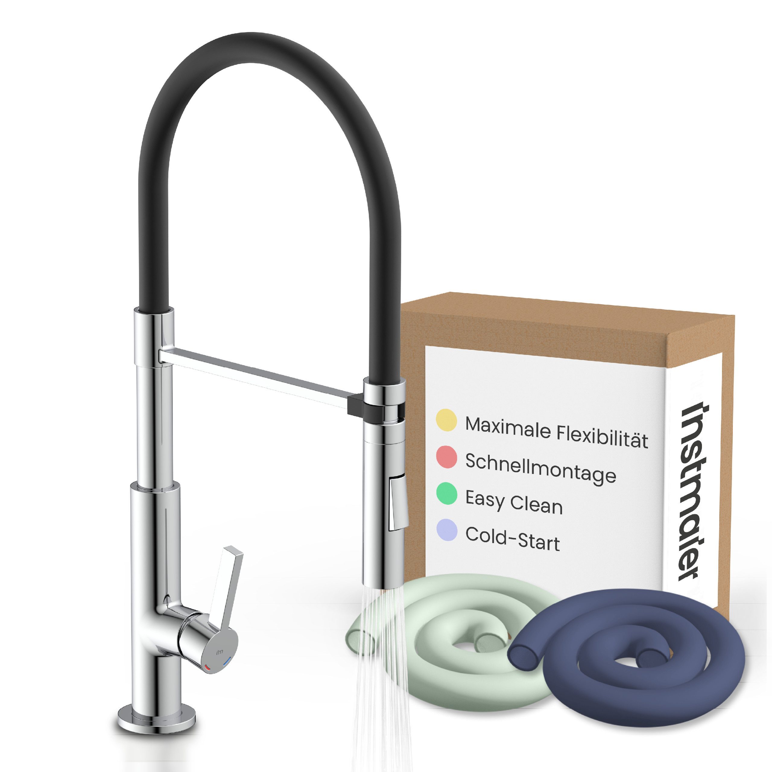 instmaier Küchenarmatur Nova, Spültischarmatur mit hohem Auslauf, flexible Handbrause mit austauschbaren, farbigen Schläuchen, 2 Strahlarten