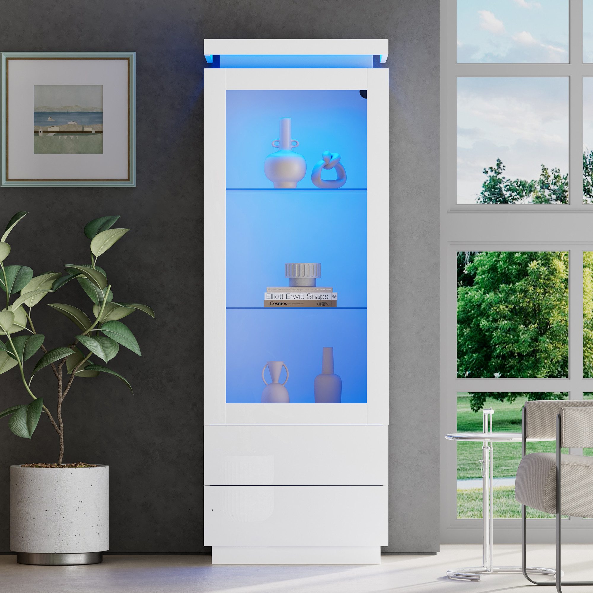 Merax Standvitrine Hochglanz Hochschrank schmal Wohnzimmerschrank mit LED-Beleuchtung (1-St) Vitrine mit Acryl-Glastür, Glasablagen & 2 Schubladen, 60×40×171cm