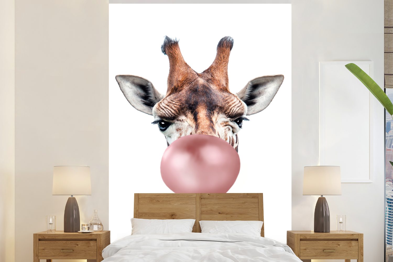 St), bedruckt, Giraffe Rosa Mädchen, Junge Kinder - - MuchoWow Montagefertig - für Fototapete (3 Vinyl Tapete Wandtapete Wohnzimmer, Matt, - - Kaugummi