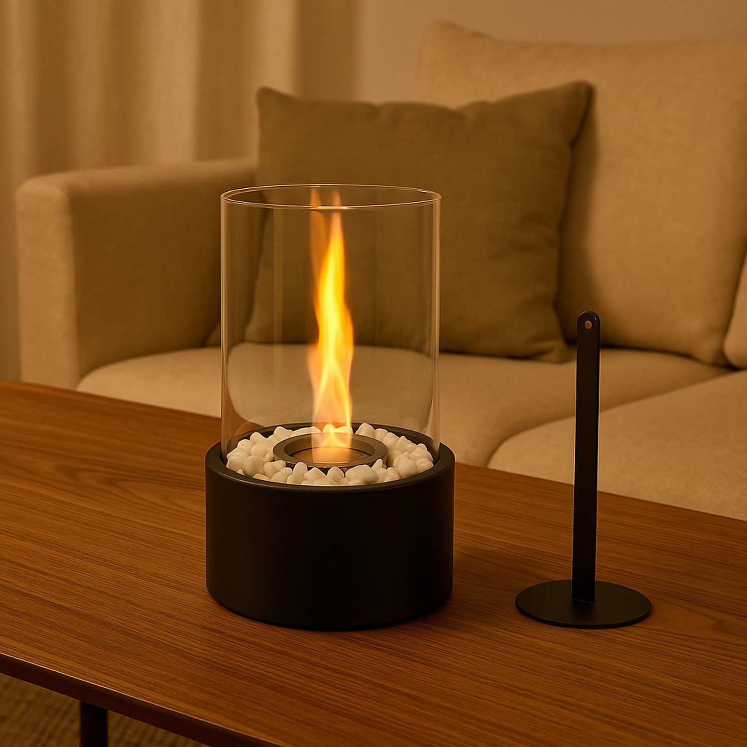 Edenoutdoor Tischfeuer Feuersäule Feuerstelle Deko-Kamin Tischkamin Feuerrohr (Tischkamin-Set, inkl. Deko-Steinchen, Flammenstempel und Zange), Indoor & Outdoor Kaminfeuer / Terrassenfeuer