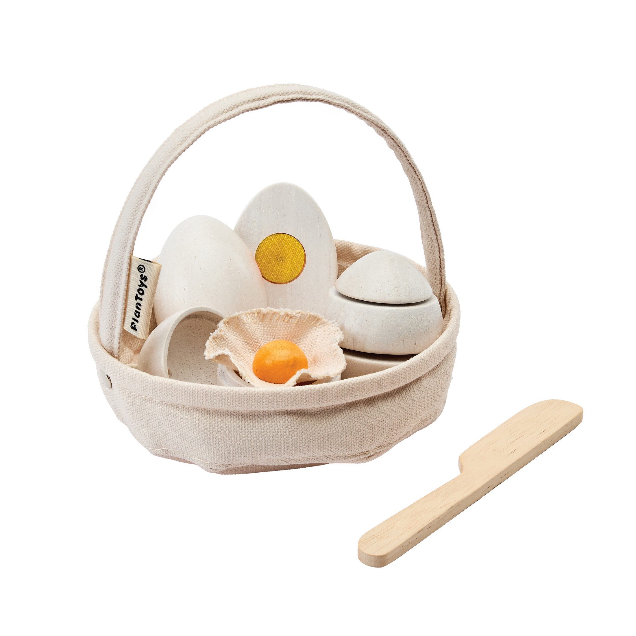 Plantoys Spiellebensmittel PlanToys- Ei-Korb zum Aufschlagen und Kochen 18,8x7,5x18,8 cm - 3y+, (Einkaufskorb, drei Holzeier und ein Holzmesser, 5-tlg)