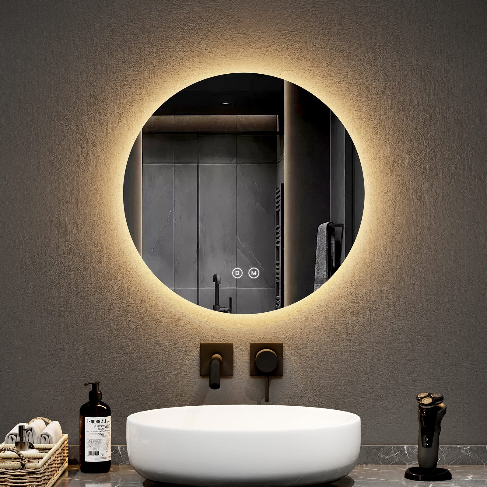 EMKE Badspiegel LED-Badspiegel rund, 3 Lichtfarben, dimmbar, Rahmenlos, indirekte Beleuchtung, Touch, Memory, Direktanschluss