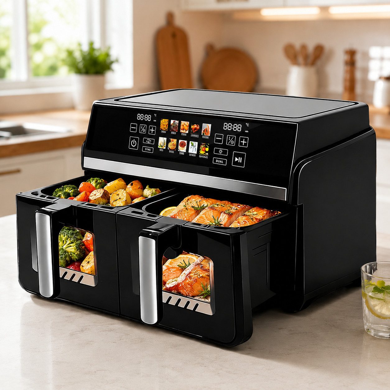 Nettlife Heißluftfritteuse Air fryer 2 unabhängigen Kammern 10/11L Gesamtvolumen 13-in-1 Doppelzonen-Funktion, 2200 W, Automatische Abschaltung Dual Zone Temperatursteuerung Timer