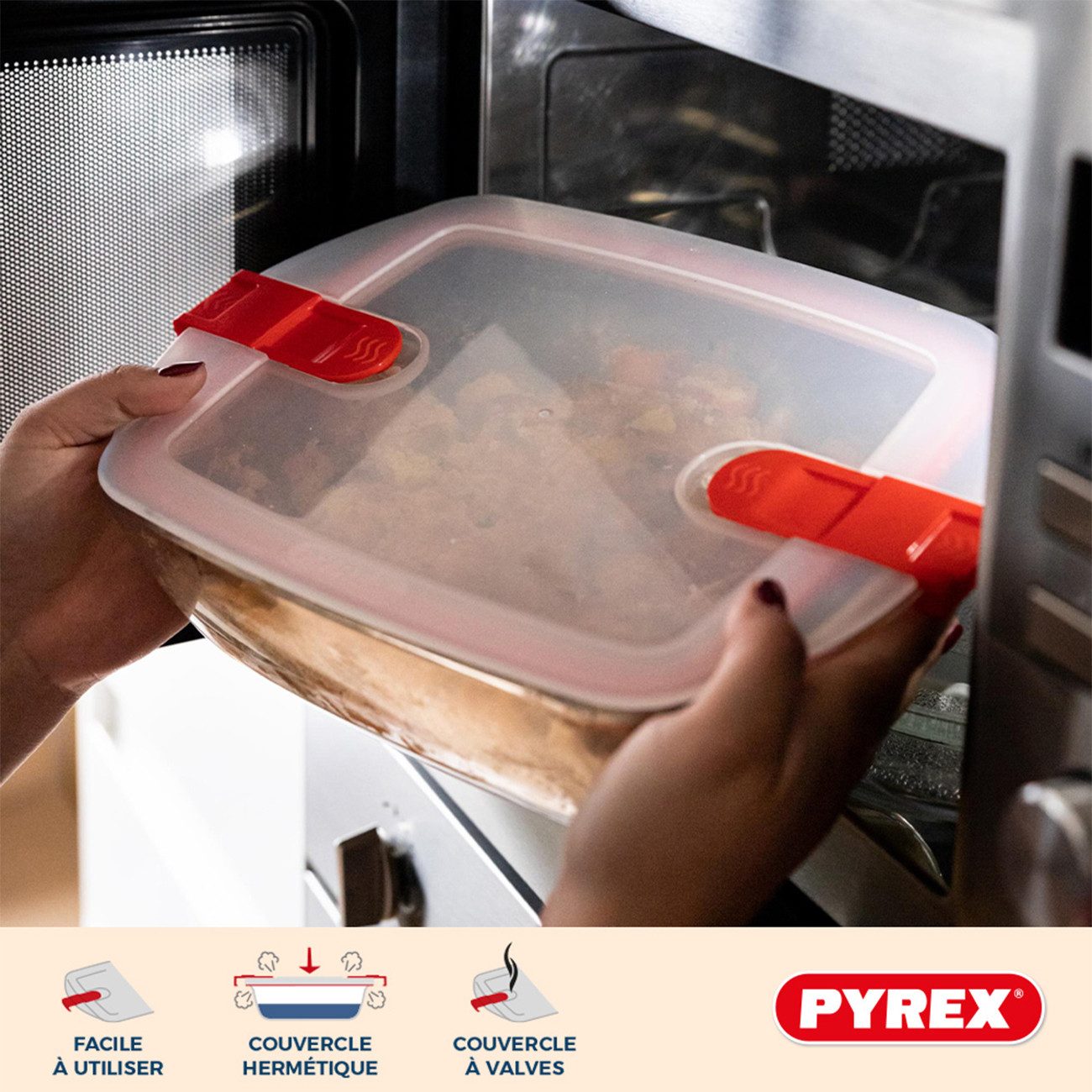 PYREX Frischhaltedose Cook & Heat, Borosilikatglas, (Lunchbox-Set, 3-tlg., rund, je 1 l), mit Ventil, auslaufsicher, mikrowellengeeignet