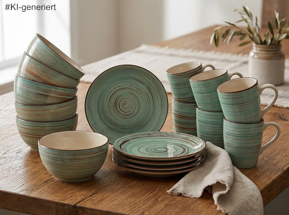 steinwohn Frühstücks-Geschirrset Keramik Frühstücks-Service 12-/18-teilig für 4 oder 6 Personen (18-tlg), Vintage Look, Spülmaschinen- & Mikrowellengeeignet