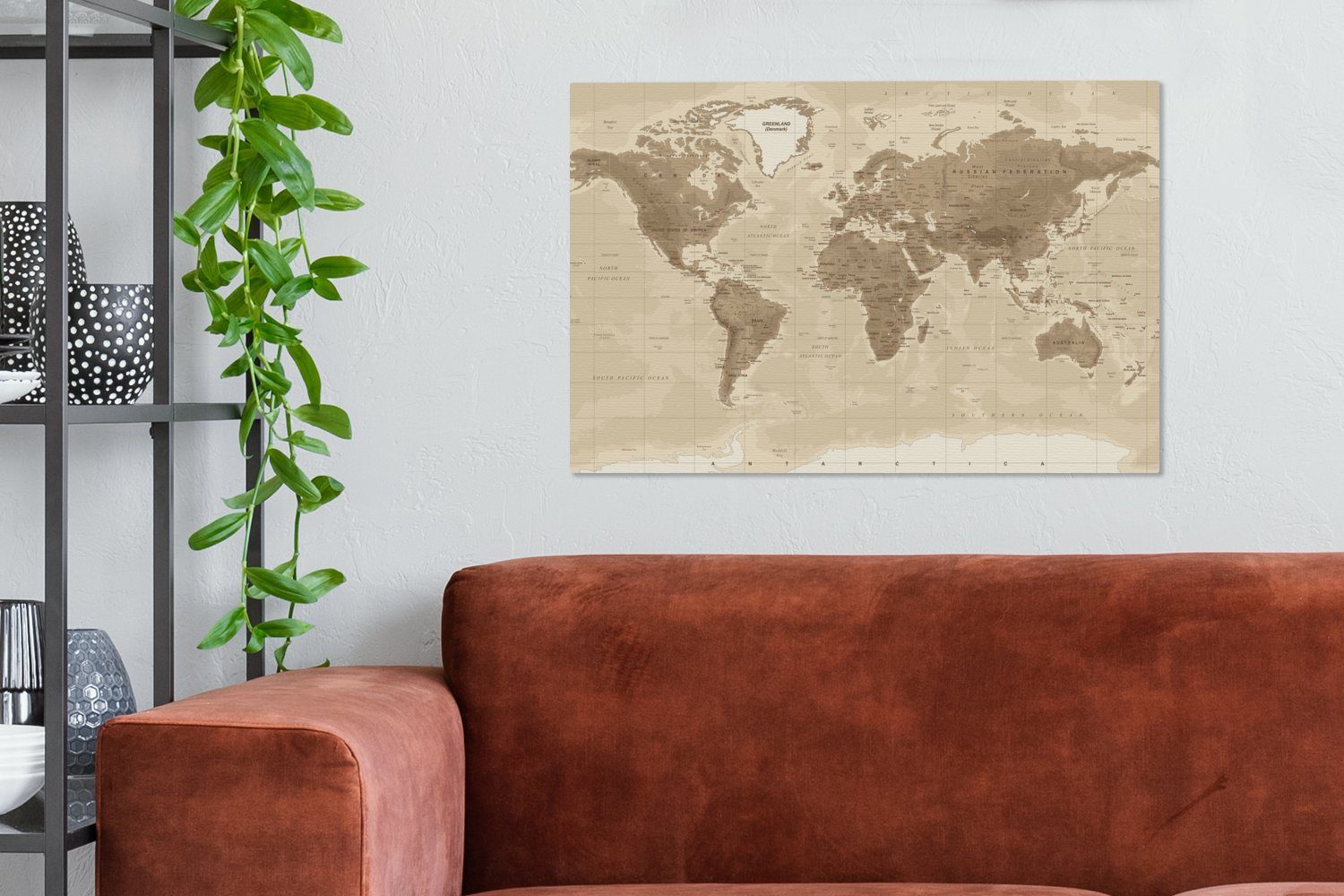 OneMillionCanvasses® Leinwandbild Weltkarte - Vintage - Braun, Fotodruck (1 St), Wandbilder Wohnzimmer Schlafzimmer 90x60 cm