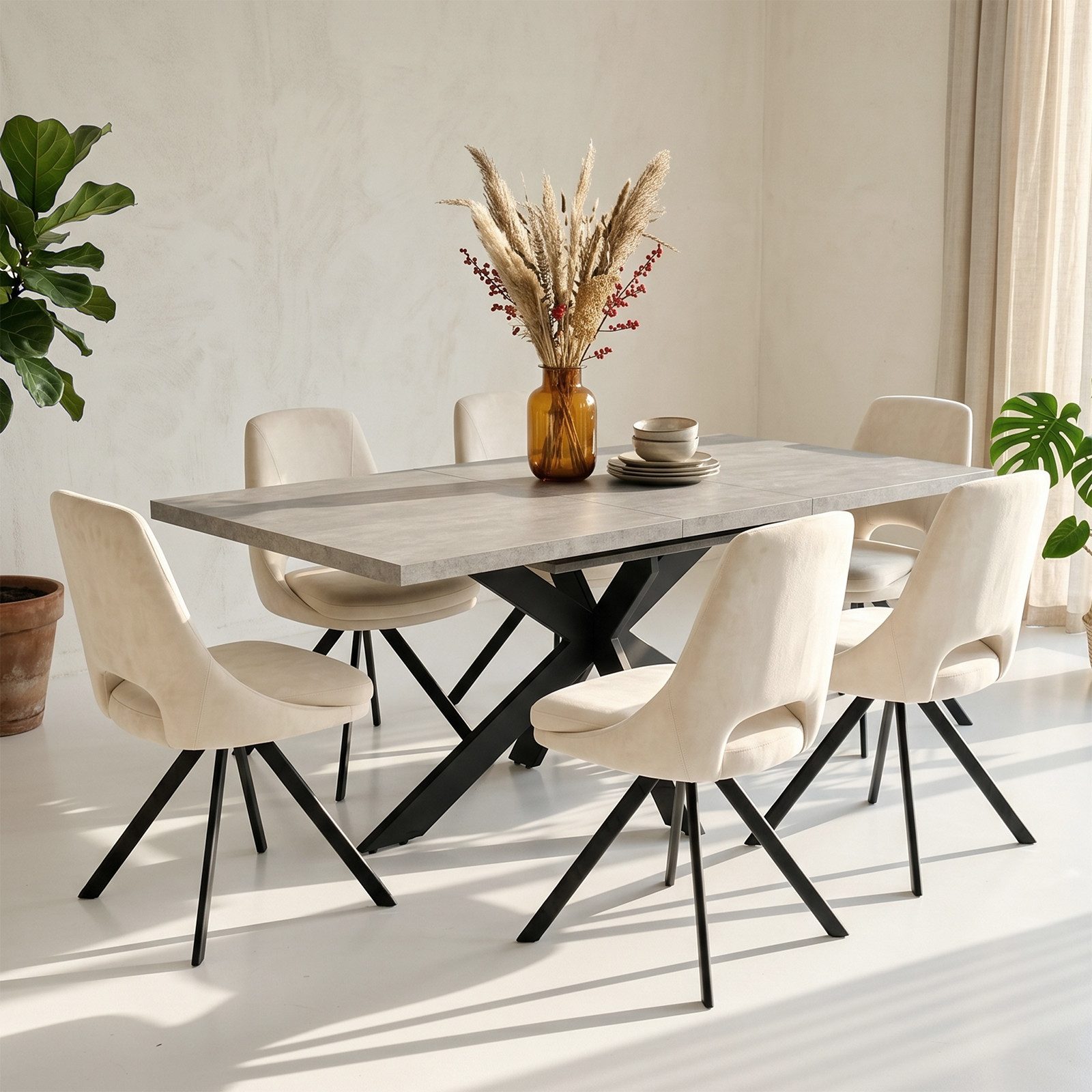 Jiexi Essgruppe Essgruppe ausziehbar 160-200cm MDF Rhein-Optik Flanell Stühle Set