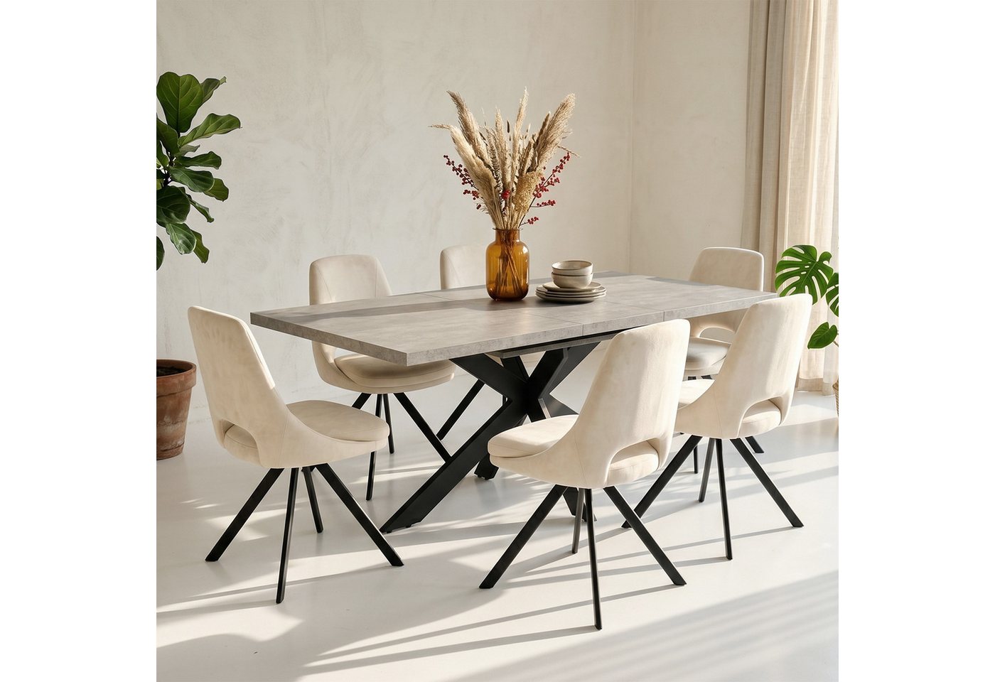 Jiexi Essgruppe Essgruppe ausziehbar 160-200cm MDF Rhein-Optik Flanell Stühle Set