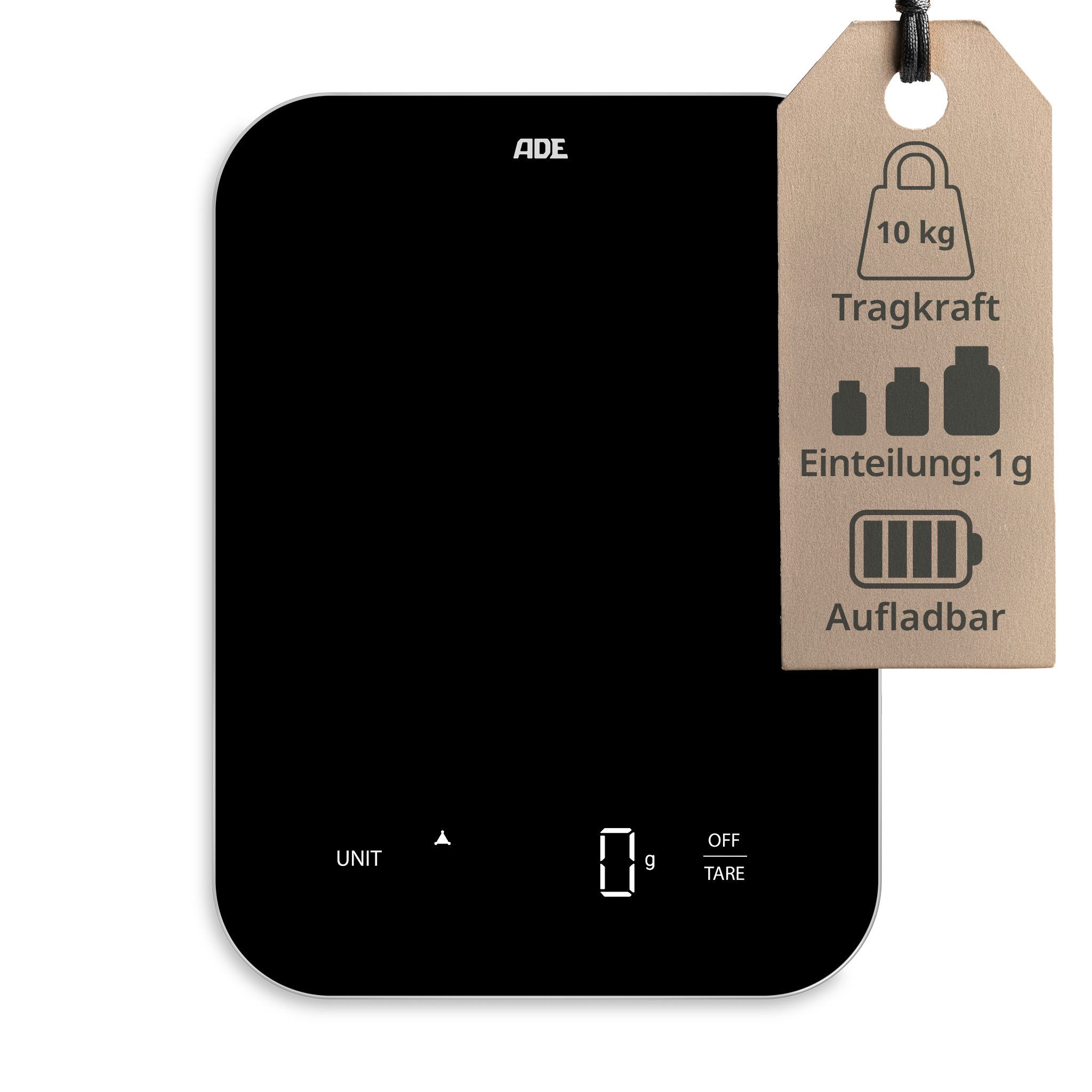 ADE Küchenwaage Digital, aufladbar per USB-C, bis 10 kg auf 1 g genau, aus Glas, Digitalwaage mit Tara-Funktion, beleuchtete Anzeige, in g, ml & oz