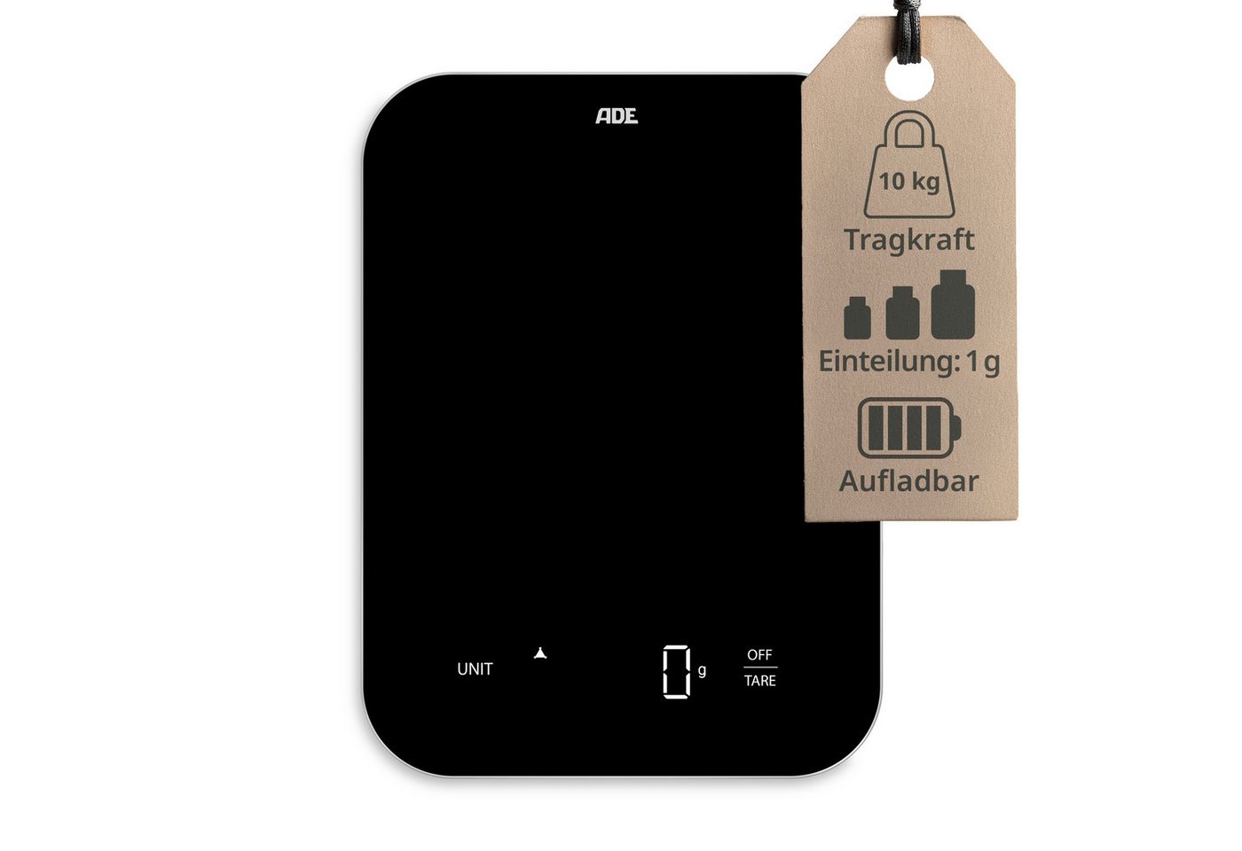 ADE Küchenwaage Digital, aufladbar per USB-C, bis 10 kg auf 1 g genau, aus Glas, Digitalwaage mit Tara-Funktion, beleuchtete Anzeige, in g, ml & oz