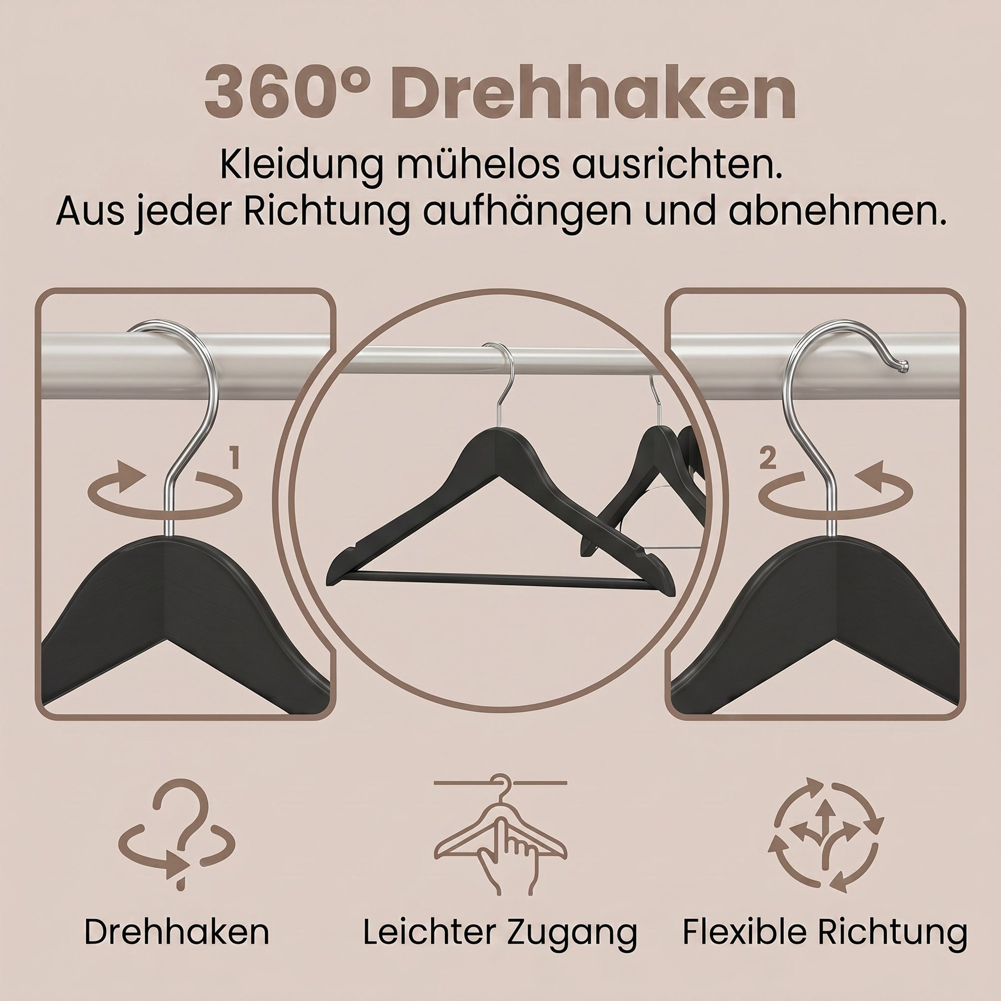 SONGMICS Kleiderbügel Holzbügel, Hosenbügel, 360° drehbarer Haken, für Träger und Jacken, (30-tlg), schlank Bügel, 0,8 cm dünn, platzsparend, Birkenholz, Schwar – Bild 4 von 5
