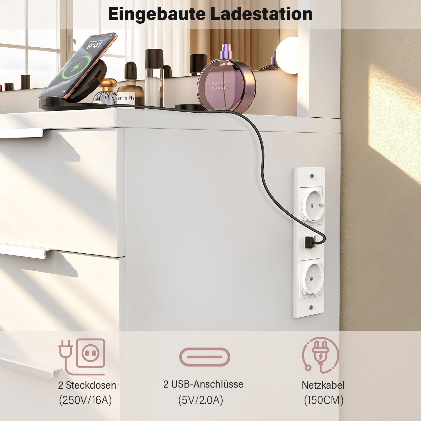 oyajia Schminktisch mit Spiegel und LED-Leuchten, Steckdosenleiste, Schubladen (1 Schränke, 12 dimmbare Glühbirnen, 3 Lichtfarben), Mit Hocker,für Ihr perfektes – Bild 5 von 5