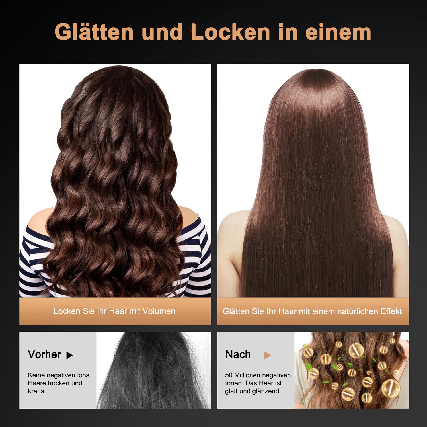 MODFU Haarglättbürste 3 IN 1 Warmluftbürste Glätteisen Rundbürste Lockenbürste, Heißluftbürste Glättbürste Turmalin Haar Keratinschutz mit 2 Voltage