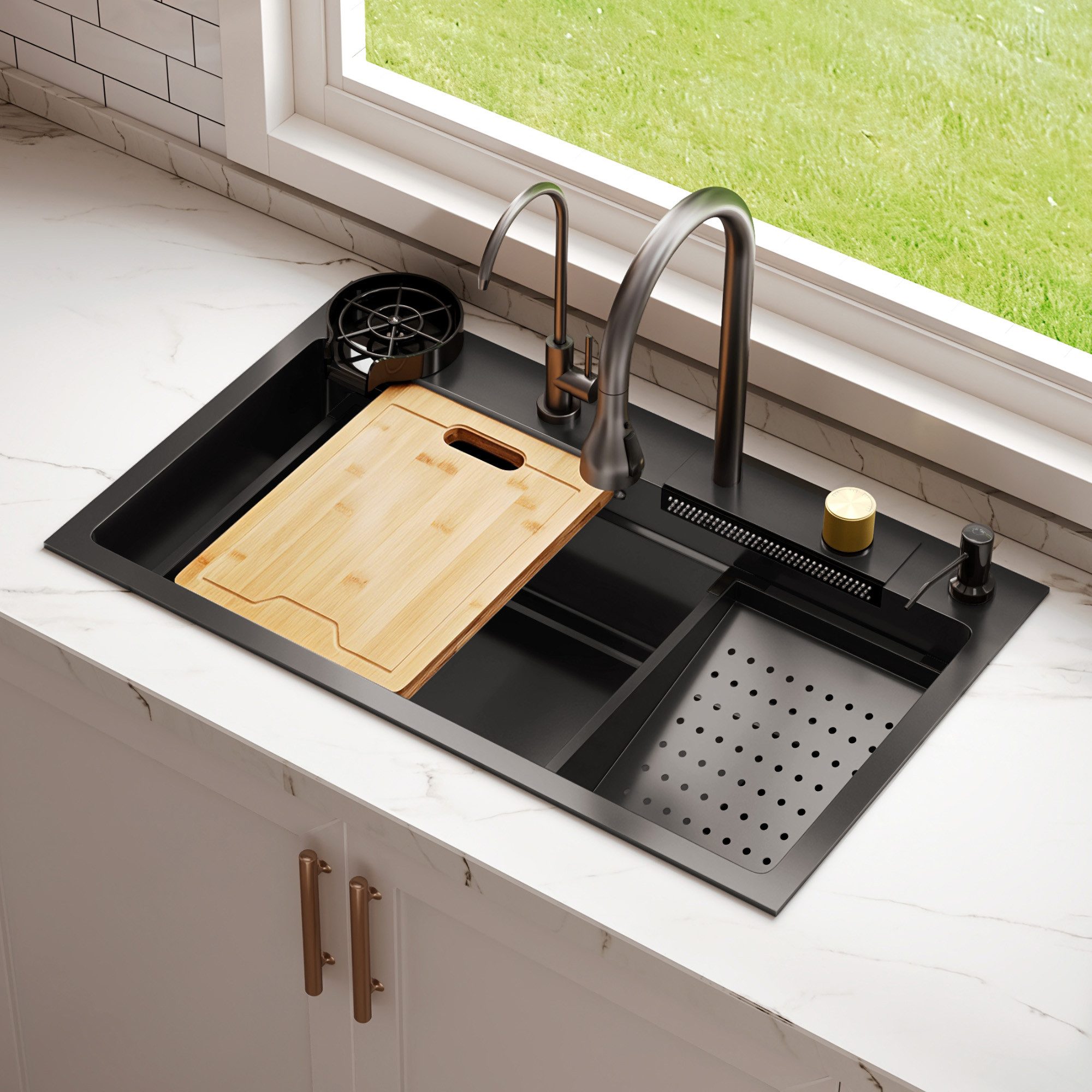 DeerValley Edelstahlspüle DeerValley Spülbecken Schwarz Küchenspüle aus Edelstahl, Wasserfallfunktion, integrierter Becherreiniger, Führungsschienen-System, umfangreiches Zubehör, (Set, Komplettset mit Armatur, Glasspüler und Zubehör), Wasserfallspüle mit Becherreiniger und Zubehör