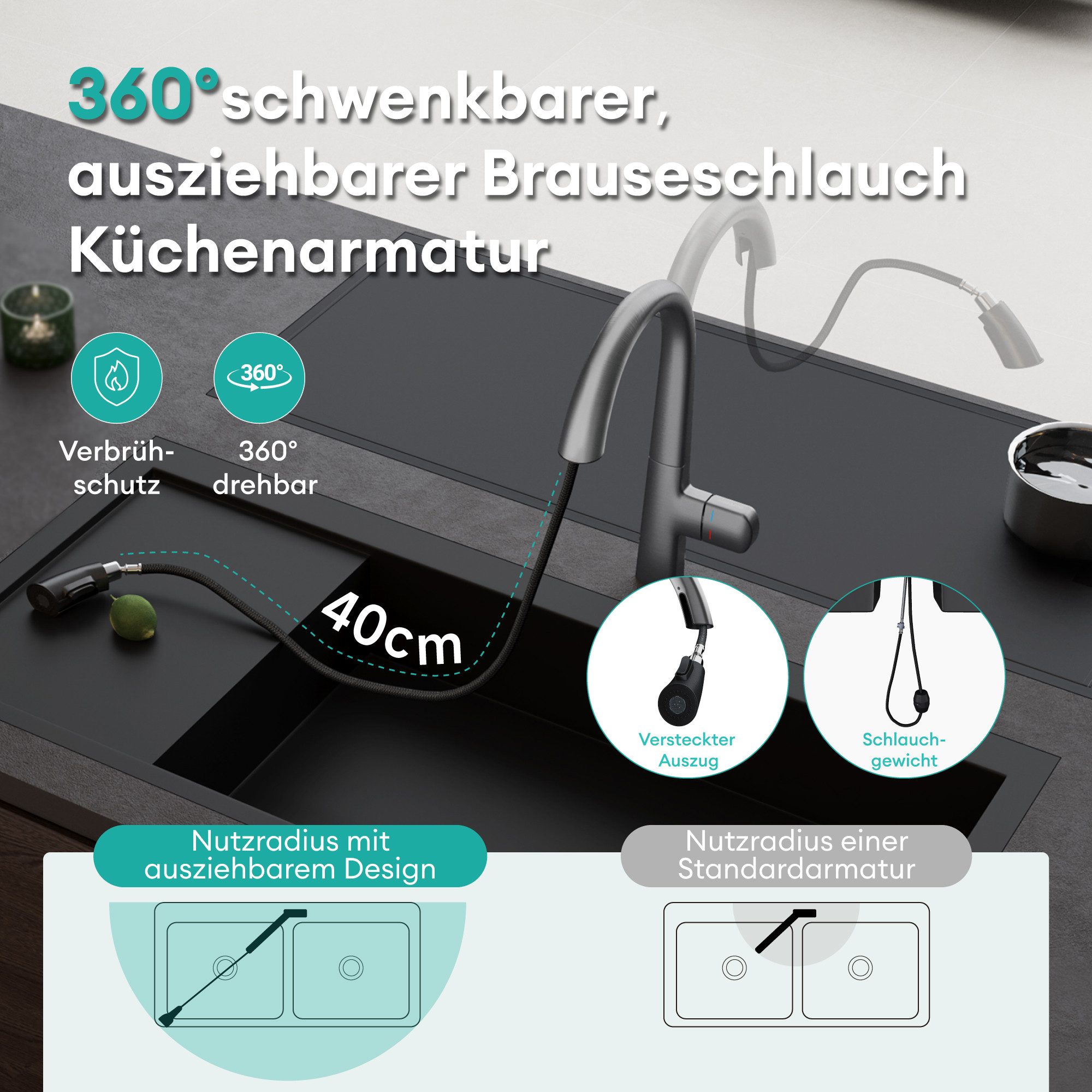 Mai & Mai Küchenarmatur Spültischarmatur Einhebelmischer 360°schwenkbar DIN-Anschlüsse MS-8095 Keramikkartusche, Din-Anschlüsse