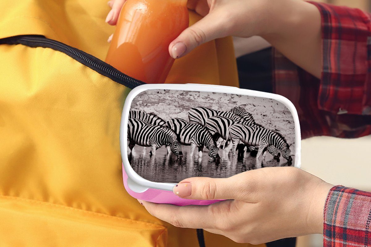 Kunststoff Wasser, Brotbox MuchoWow Kunststoff, Erwachsene, Mädchen, Brotdose Kinder, rosa Lunchbox Zebras im Snackbox, (2-tlg), für