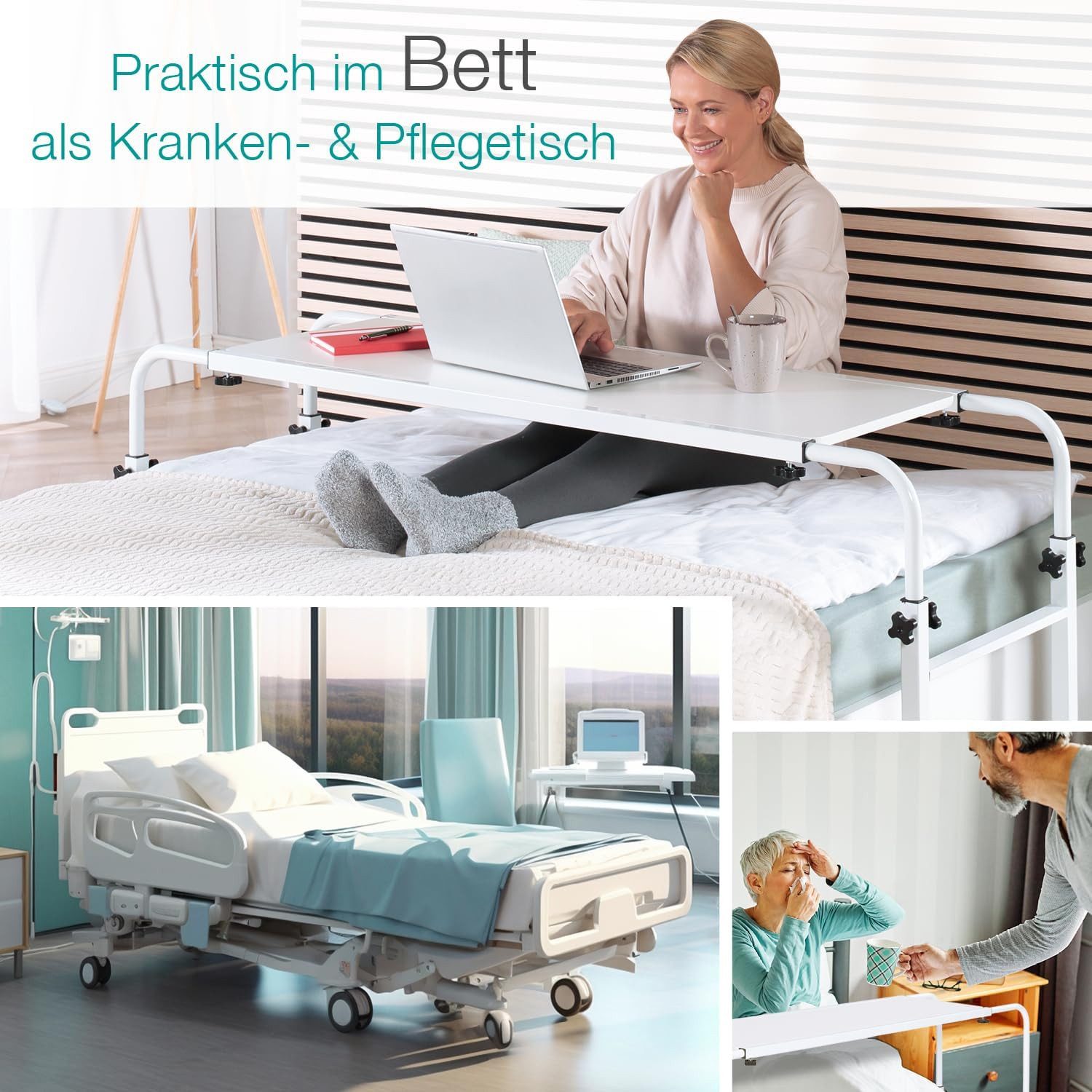 ELONEO Wangentisch Über-Betttisch auf Rollen (Breite 119-190 cm & Höhe 78-120 cm, Vielseitig einsetzbar in Haus & Büro), höhenverstellbar, breitenverstellbar