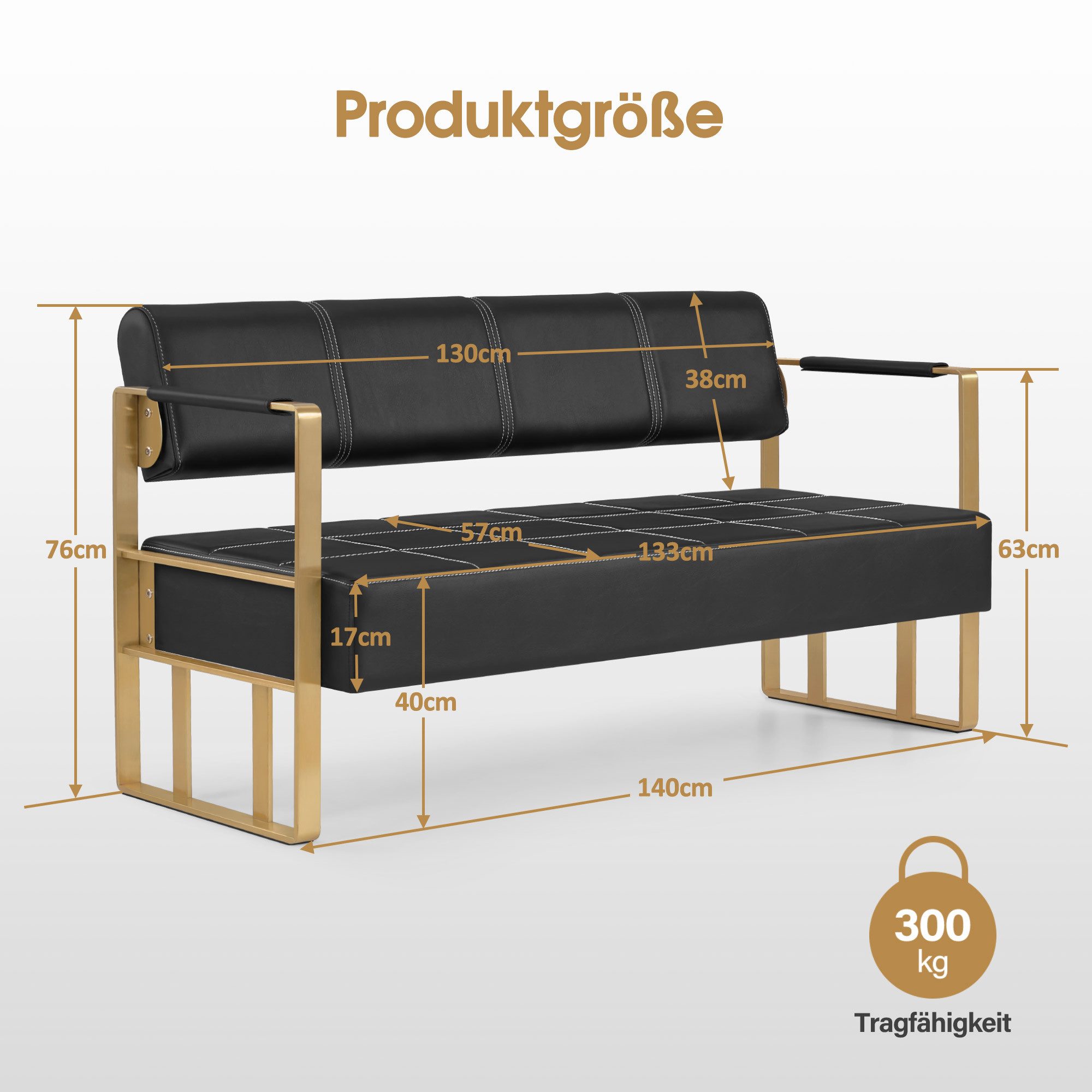 Barberpub Sitzbank BarberPub Sitzbank mit Rückenlehne W528 (Schwarz-Gold/Kunstleder)